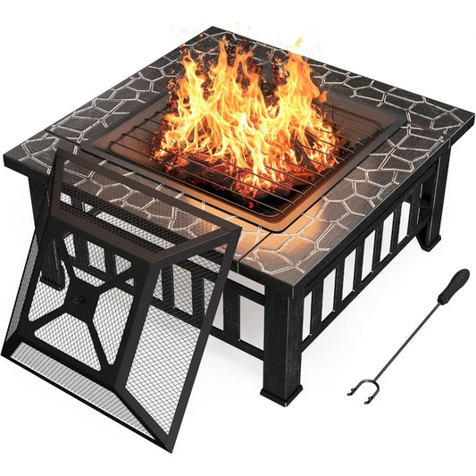 Devoko Outdoor Fire Pit, 32 Inch Firepit Table Metal Outdoor Fireplaces with Waterproof Cover for Outside Patio Camping (Silver)
