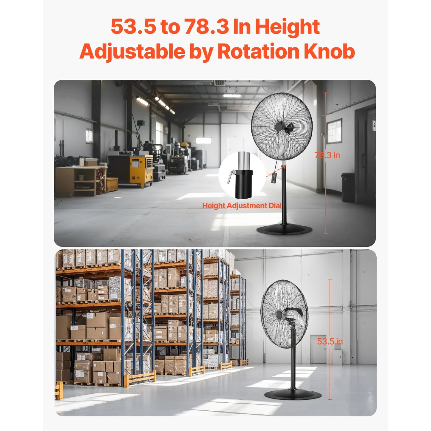 VEVOR Industrial Pedestal Fan 85-Degree Oscillating Fan Height Adjustable Standing Fans with 3 Adjustable Speed for Bedroom Home
