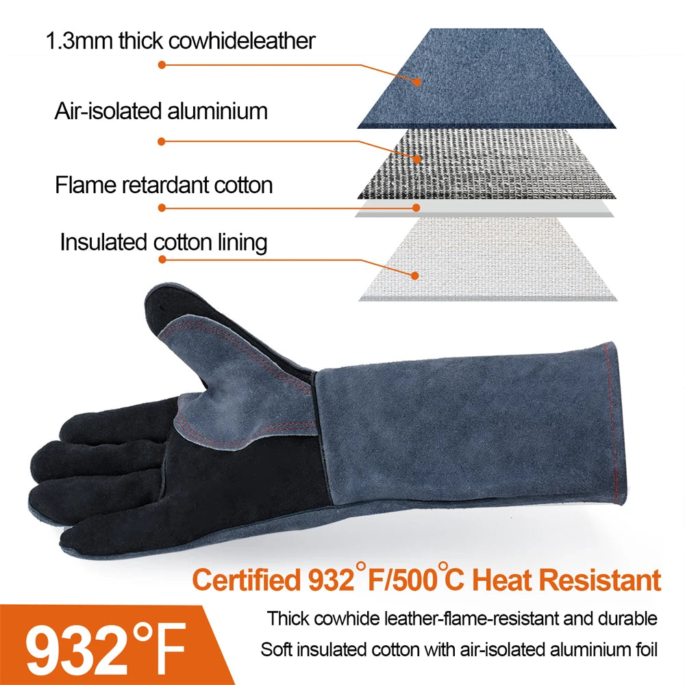 16 Inch Welding Gloves For Welder Work Gloves Thick Cow Split Leather Heat Resistant Oven BBQ Gloves For Grill Heat Insulation