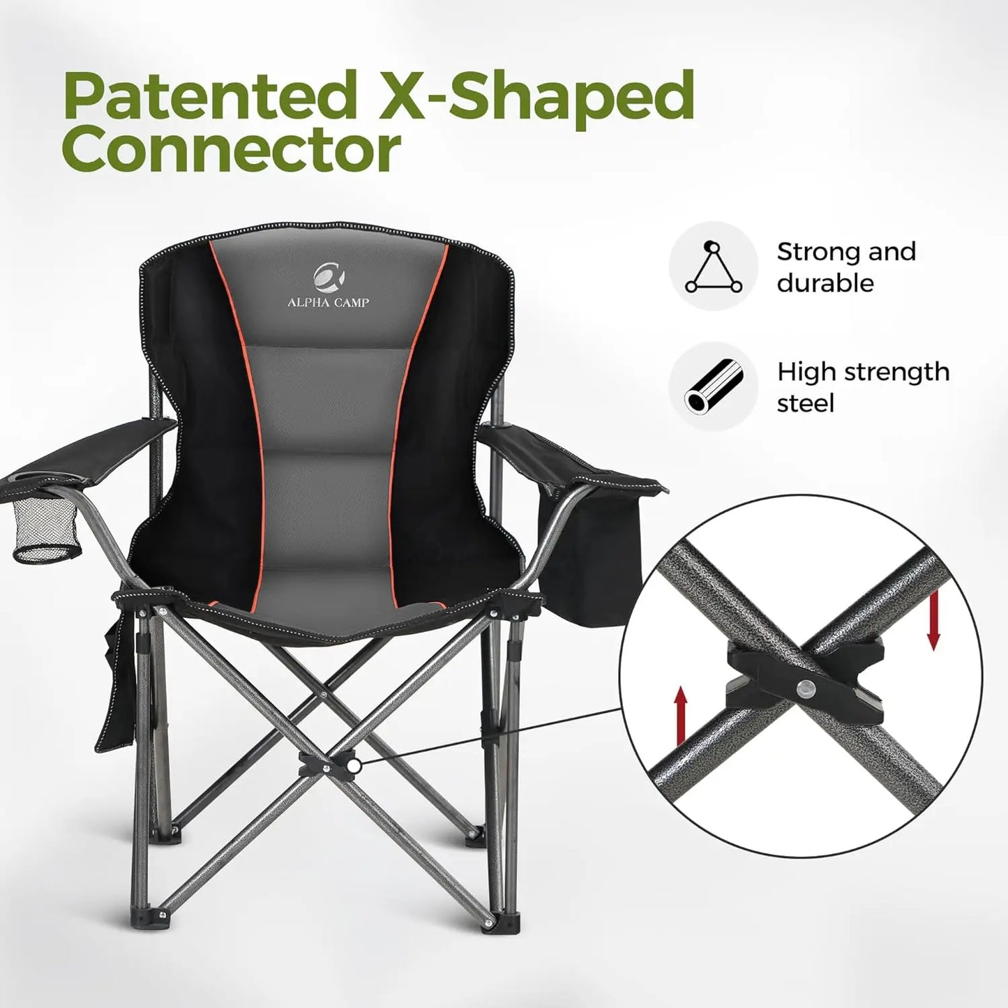 Heavy Duty Camping Chair 500LBS Capacity, Oversized Folding Chair for Heavy People, Padded Portable Outdoor Chair with Cooler Ba
