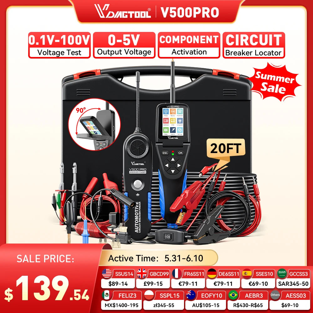 2026 VDIAGTOOL V500PRO 12V/24V Automotive Circuit Tester Car Power Circuit Probe Kit Multimeter Oscilloscope Relay Injector Test