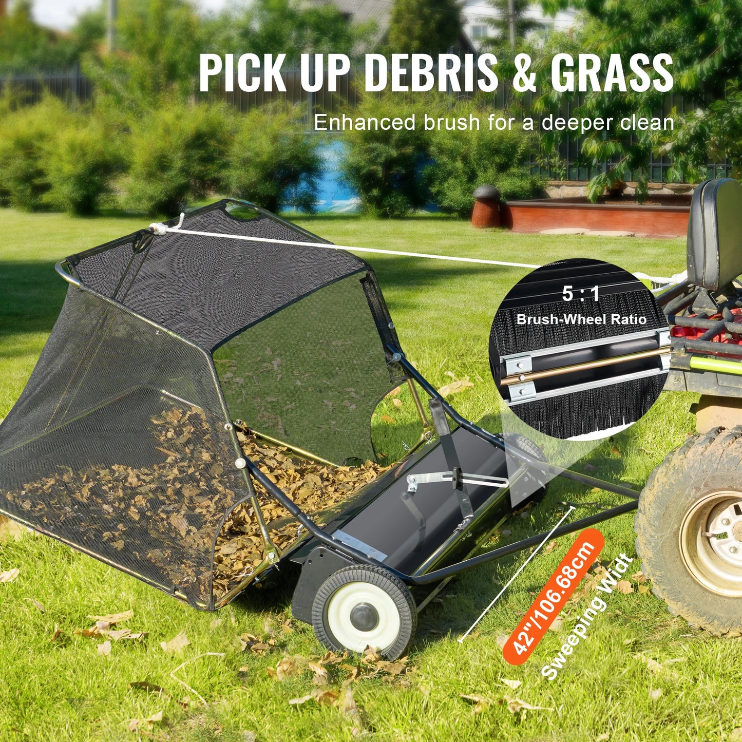 SucceBuy Lawn Sweeper Tow Behind Large Pull Behind Grass Sweeper with Dump Rope Adjustable Sweeping Height for Picking Up Grass