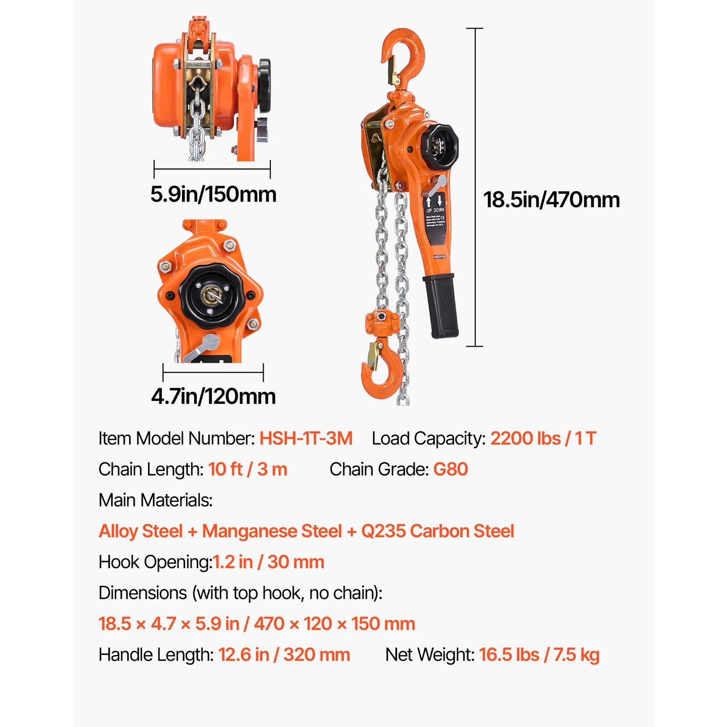 SucceBuy Manual Lever Chain Hoist 1-1/2T / 3T / 6T  Capacity Come Along 10FT/ 20FT Lift G80 Alloy Steel Chain 360°Rotating Hooks