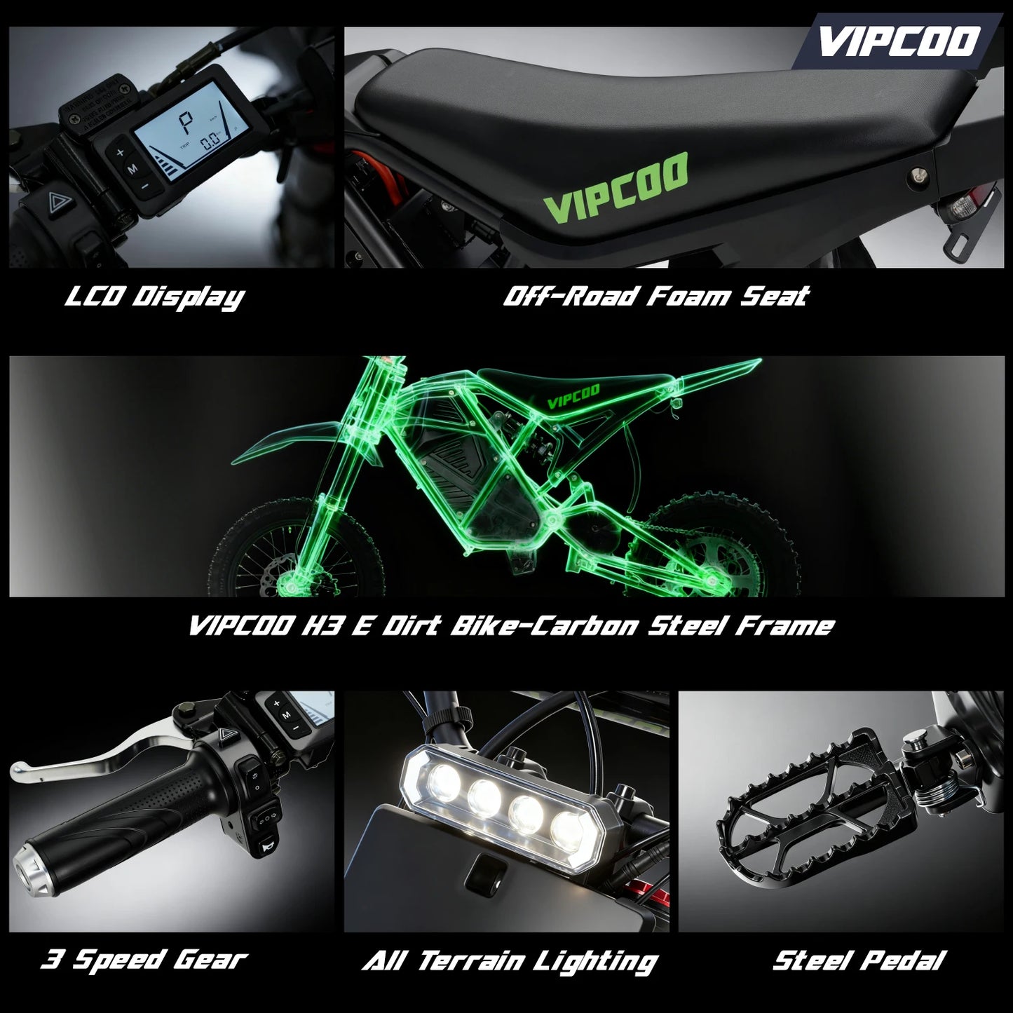 VIPCOO H3 Electric Dirt Bike 3500W 48V23AH Electric Motorcycle Fat Tire Nitrogen Suspension E Dirt Bike for Teens and Adults