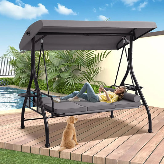 3-Seat Outdoor Porch Swing with Adjustable Canopy, Convertible Swings Bed with Stand, Patio Glider with Cushion, Customized