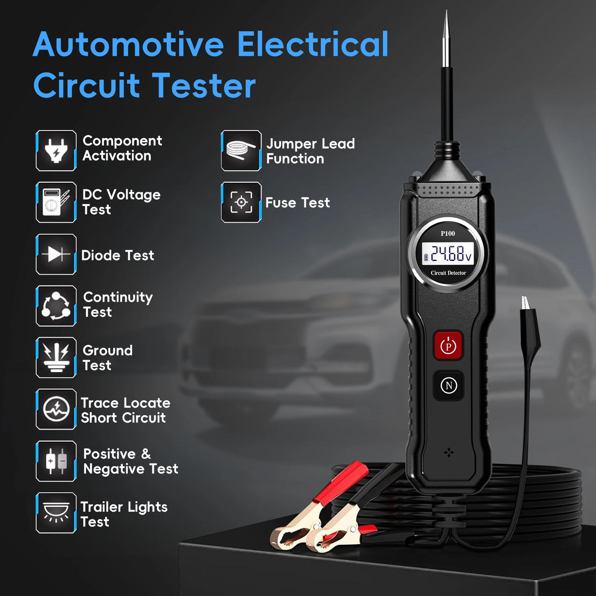 Power Circuit Probe Tester, 6V-24V DC Automotive Car Electric Fuse & Voltage Tester with LED Test Light, HD LCD Readout, Overload Protection, Short Circuit Finder with 14.7FT Cable