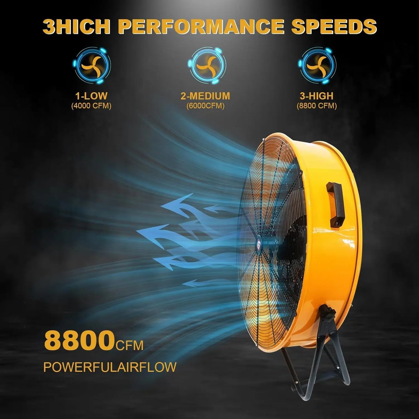 24-Inch Large Industrial Drum Fan 3-Speed High-Velocity Floor Fan with Built-in Wheels & Handle Metal Air Circulator Cooling Fan