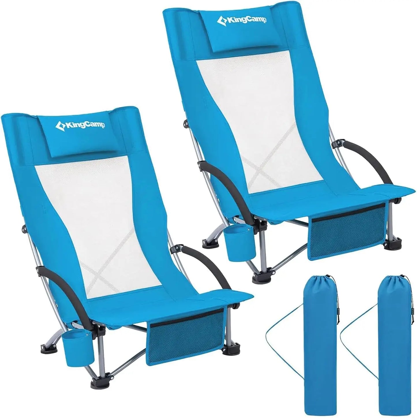 Low Beach Chair, High Back Folding Camping Chair for Adults, Oversized Breathable Mesh Seat, 300lbs Heavy Duty Portable Chair wi