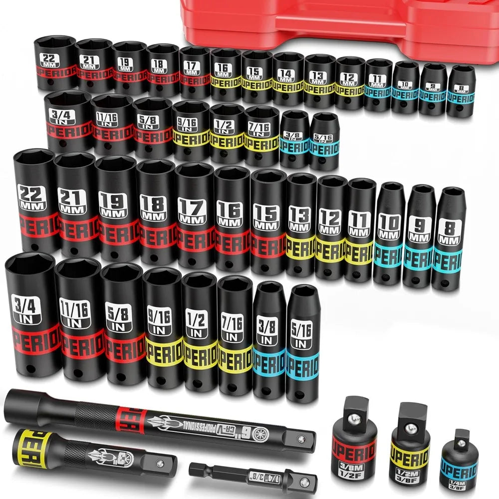 50 Piece 3/8' Drive Impact Socket Set, SAE (5/16'-3/4') and Metric (7 mm-19 mm), Deep & Shallow