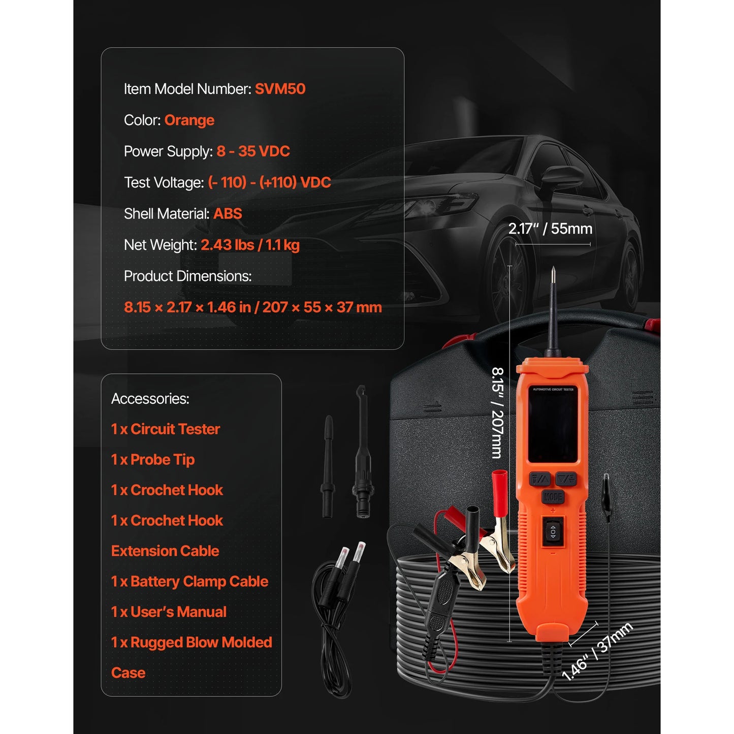 SucceBuy Automotive Circuit Tester Kit with TFT Color Display Lighting 2-in-1 Electrical Power Tester Probe with Extension Cable