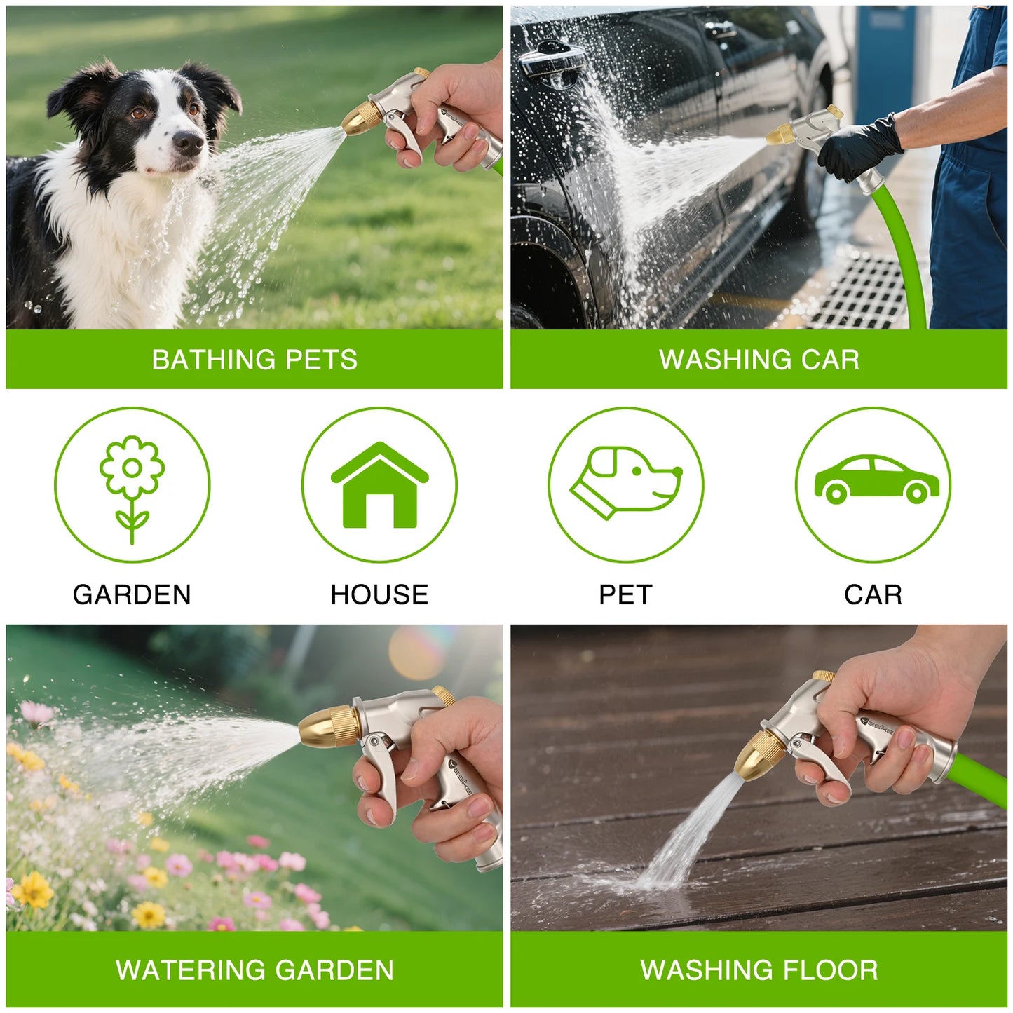Yesker Garden Hose Nozzle, Water Hose Sprayer Nozzle Adjustable 4 Spray Patterns Heavy Duty Handheld 100% Metal Brass Water Nozzles for Hose Outdoor Watering Plants Lawns Garden Washing Cars Pets Home