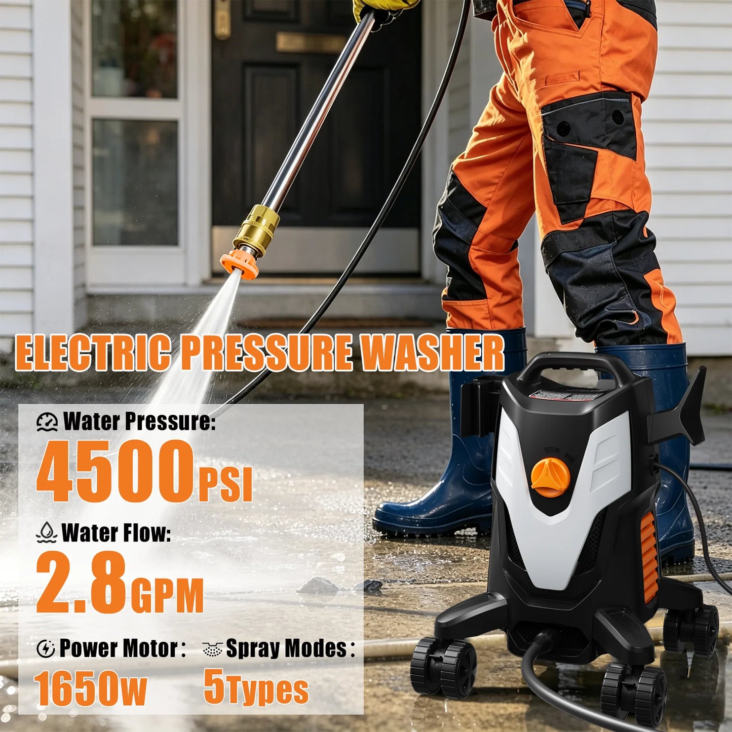 Electric Pressure Washer, 2.8 Max GPM with Anti-Tipping Technology, Onboard Soap Tank, Pro-Style Steel Wand, 5-Nozzle Set, for Cars/Fences/Driveways/Home/Patios