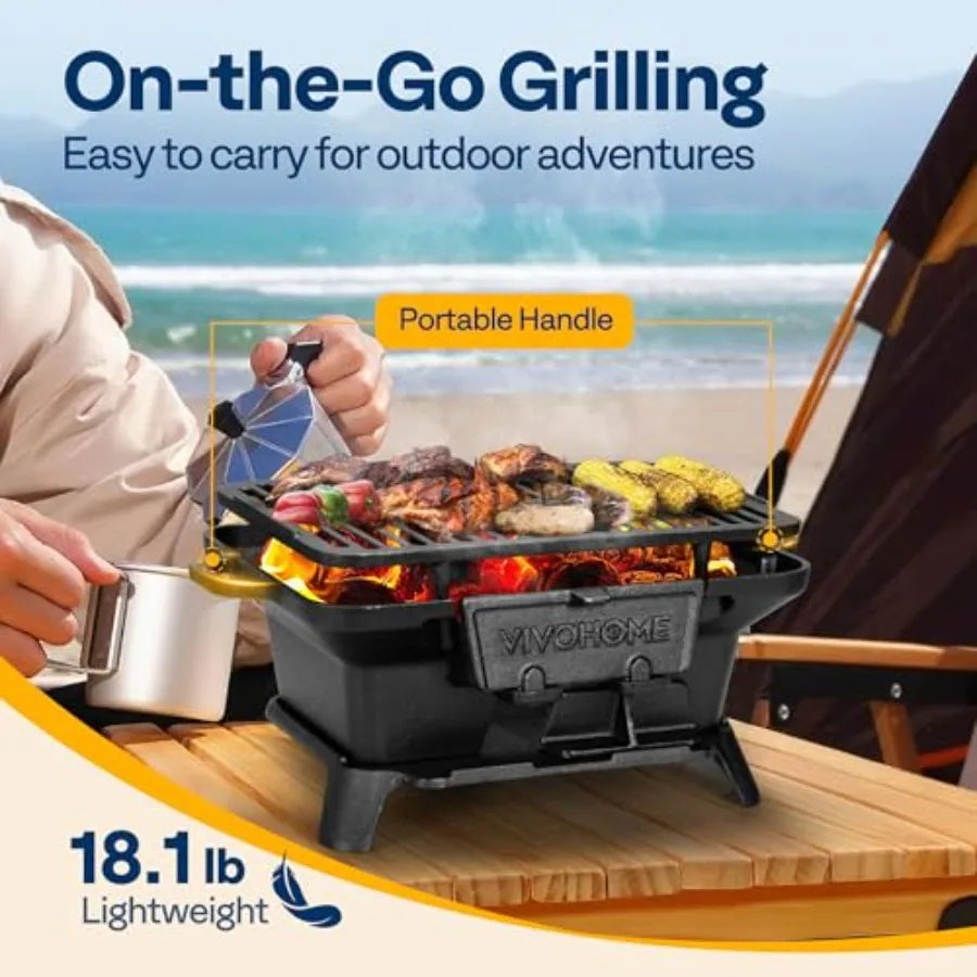 VIVOHOME Rectangle Cast Iron Charcoal Grill with Stainless Steel Double-Sided Grate Portable Outdoor BBQ Grill Compact Tabletop