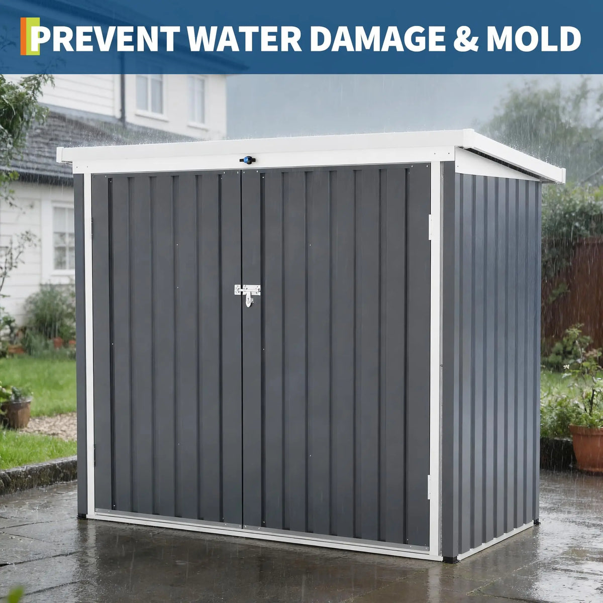 5.8 x 3.3 FT Outdoor Trash Storage Shed, 80 Cu Ft Galvanized Steel Garden Tool Cabinet With Sloped Roof, Latch & Gas Struts
