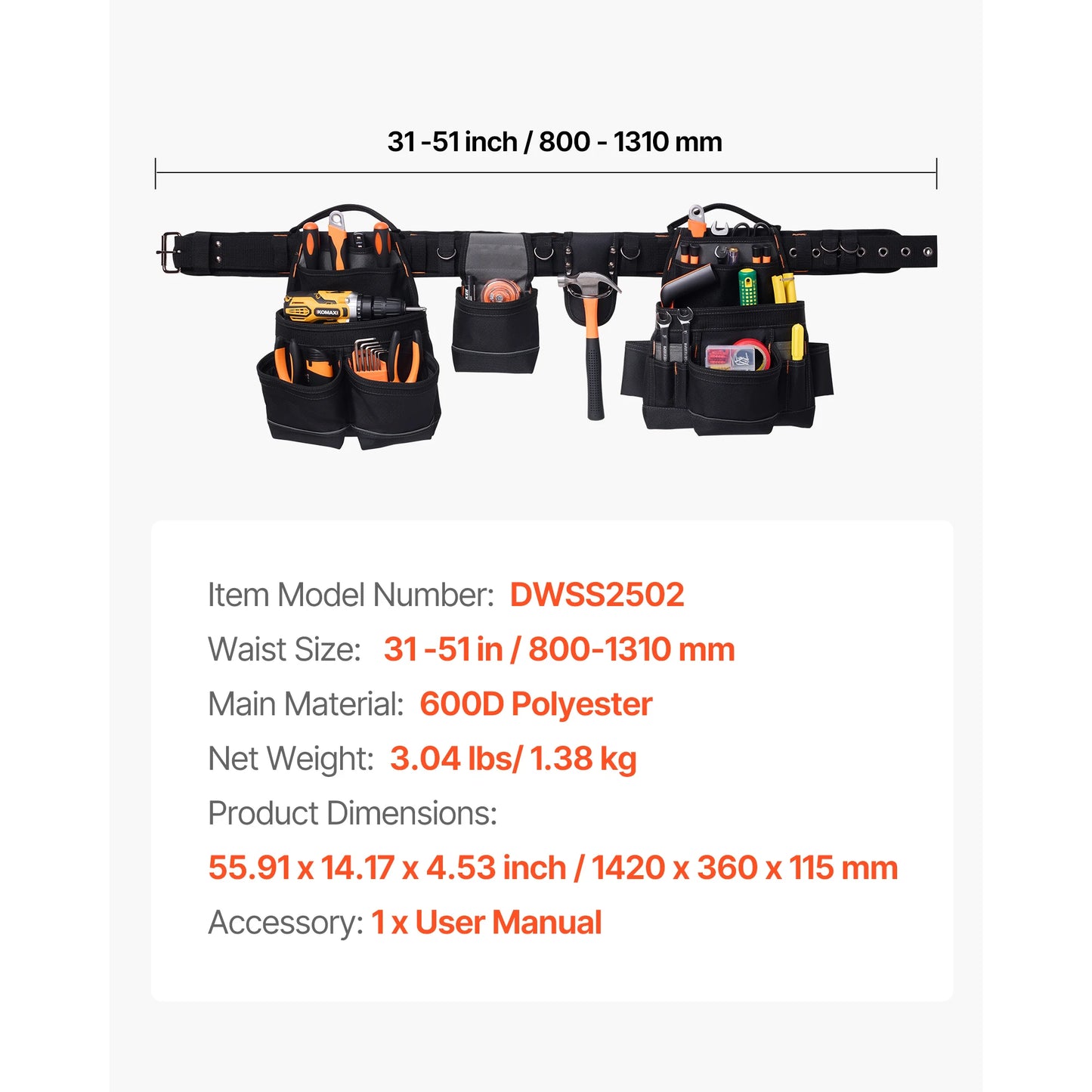 SucceBuy 18 Pockets Tool Belt 31-51in Adjustable Utility Tool Pouch Detachable Work Bag for Electrician Apron Tools Organizer