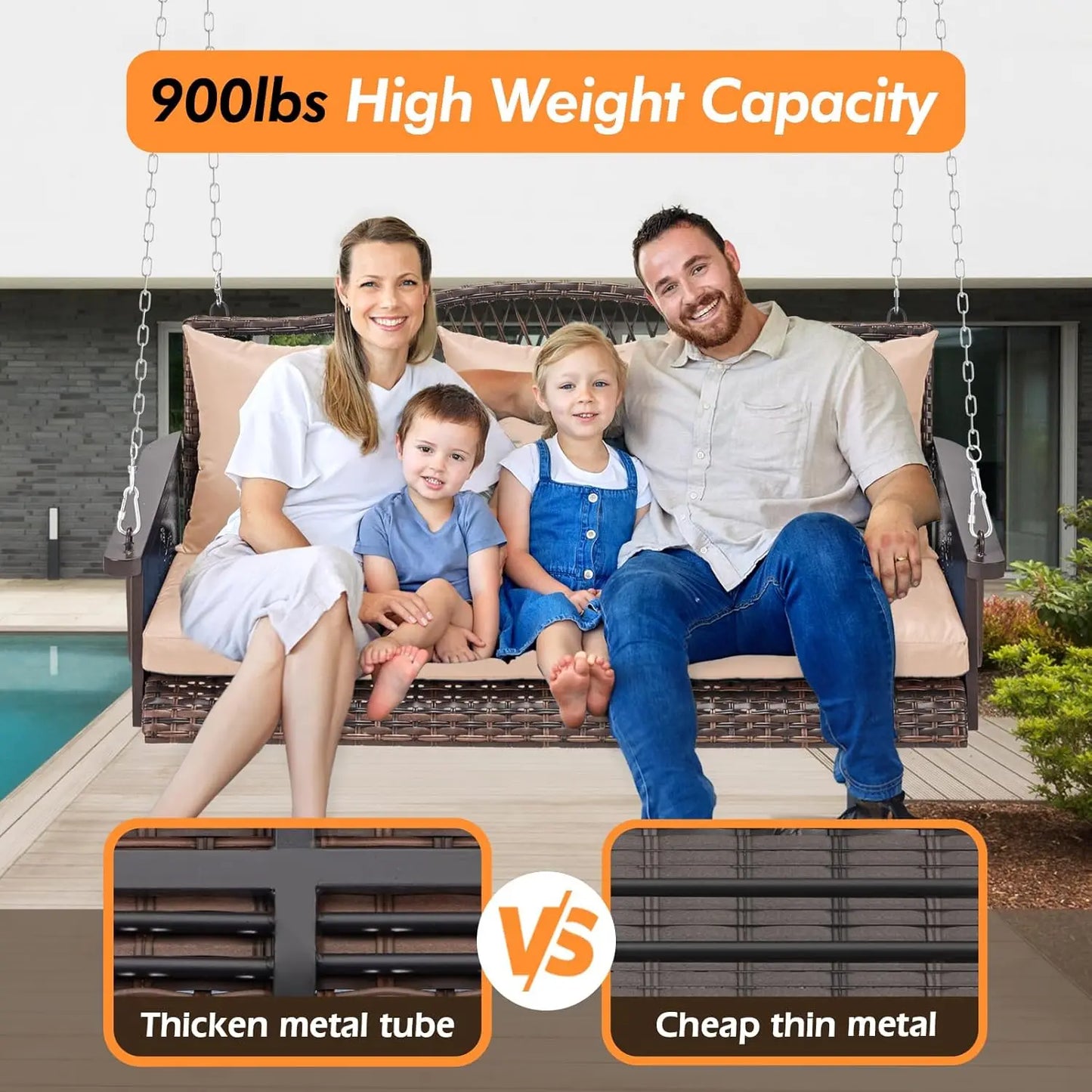 Upgraded Wicker Hanging Porch Swing Heavy Duty 900lbs 3-Seat Outdoor Patio Swing Chair Bench for Adult w/ 8.9ft, Customized