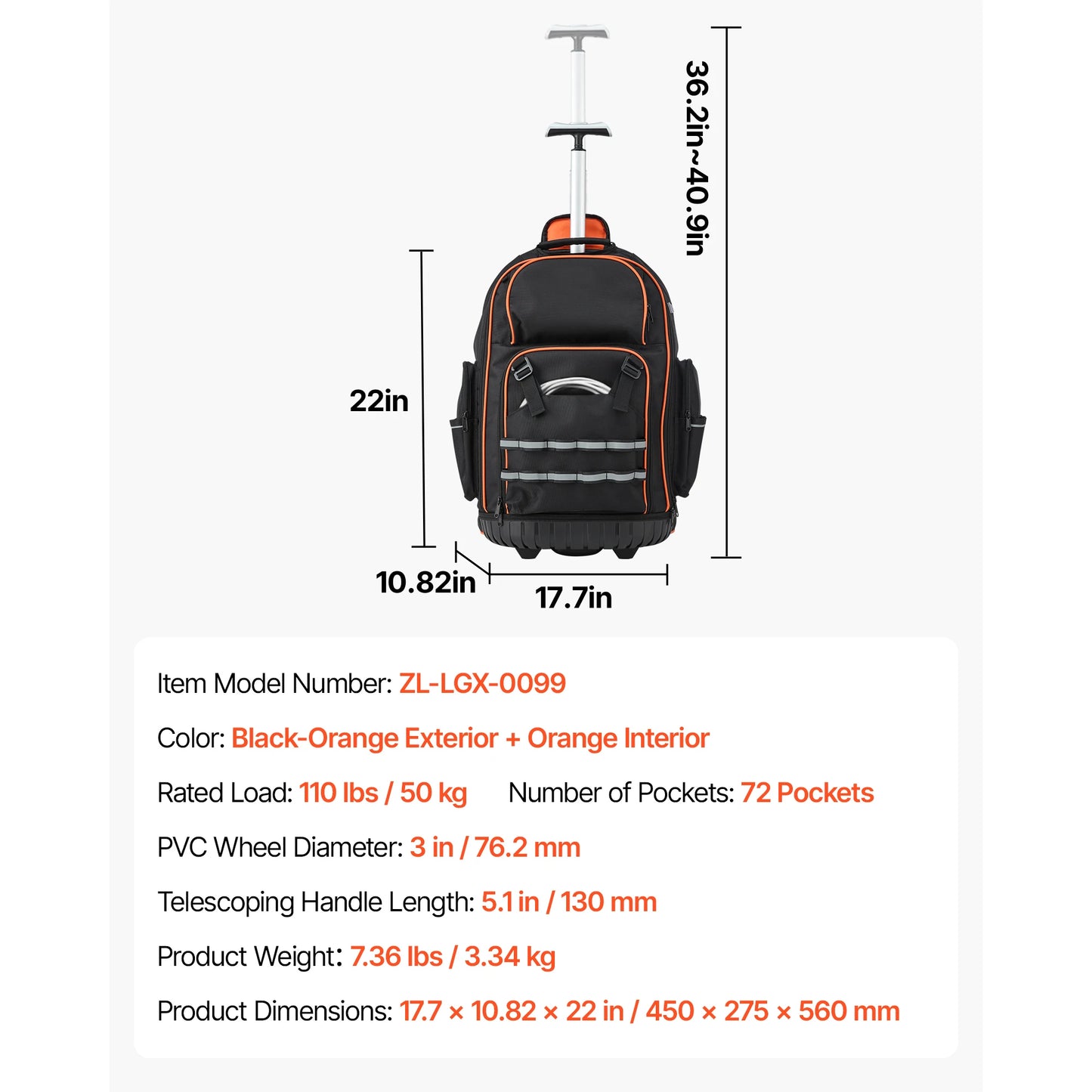 SucceBuy 110lbs Rolling Tool Backpack 14/15in Roller Tool Bag on Wheels with 45/72 Pockets Toolbag Organizers for Mechanic Tools