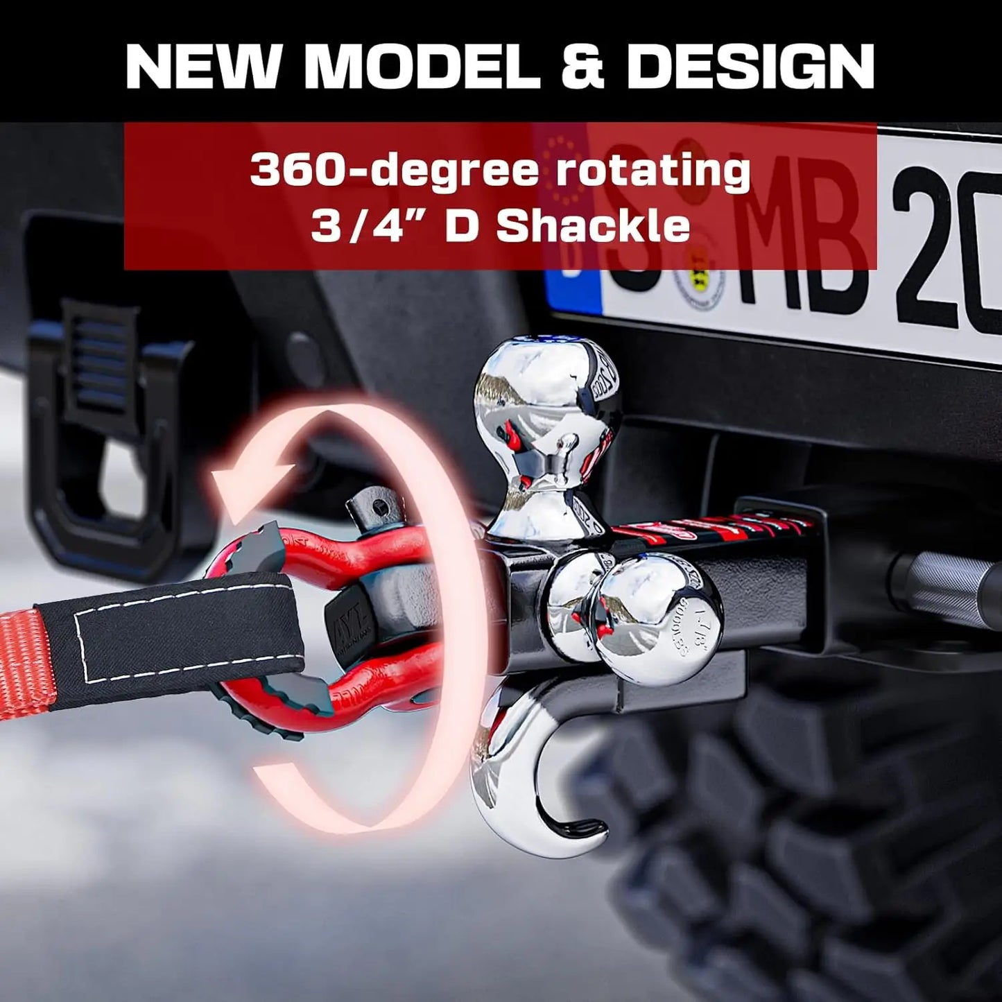 Tri-Ball Trailer Hitch Mount with Hook, Pin & Rotatable Shackle for 2-In Receiver, 1-7/8, 2, 2-5/16 Hitch Balls with Anti-Theft