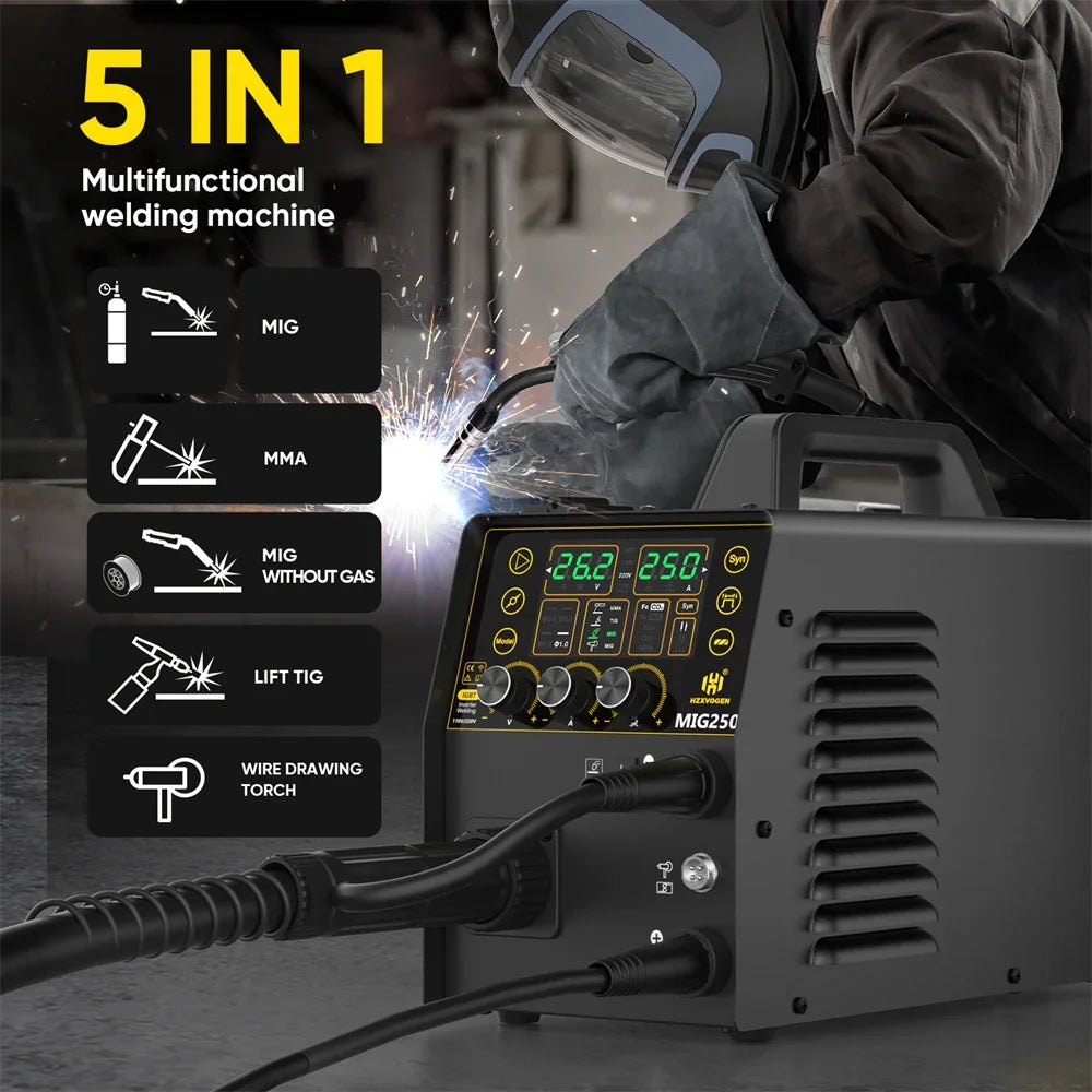 HZXVOGEN MIG250 5 in 1 Aluminum Welder 250A 220V MMA/MIG/Lift TIG/Stick Digital Semi-automatic Inverter Welding Machine Gas Gasless Welder