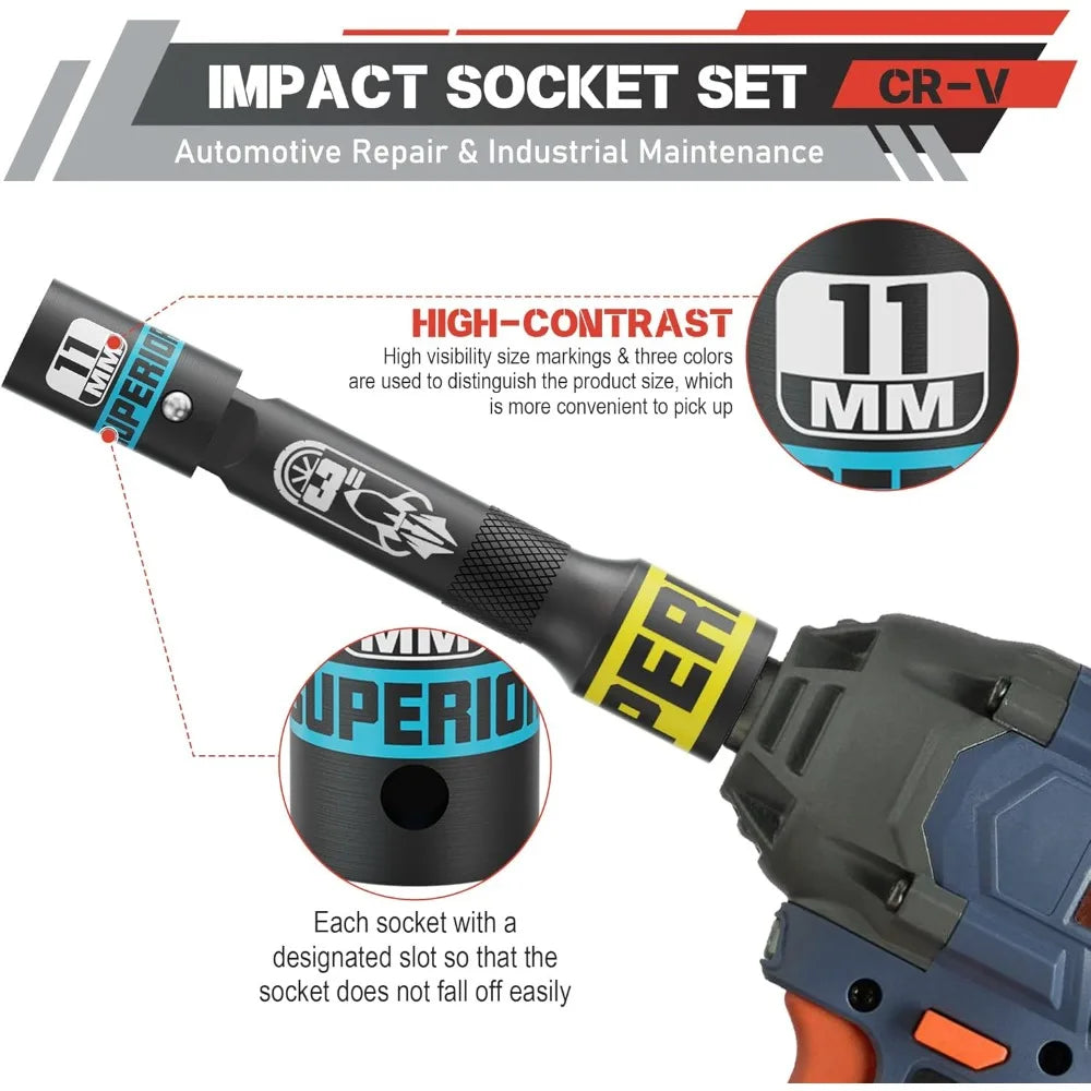 50 Piece 3/8' Drive Impact Socket Set, SAE (5/16'-3/4') and Metric (7 mm-19 mm), Deep & Shallow