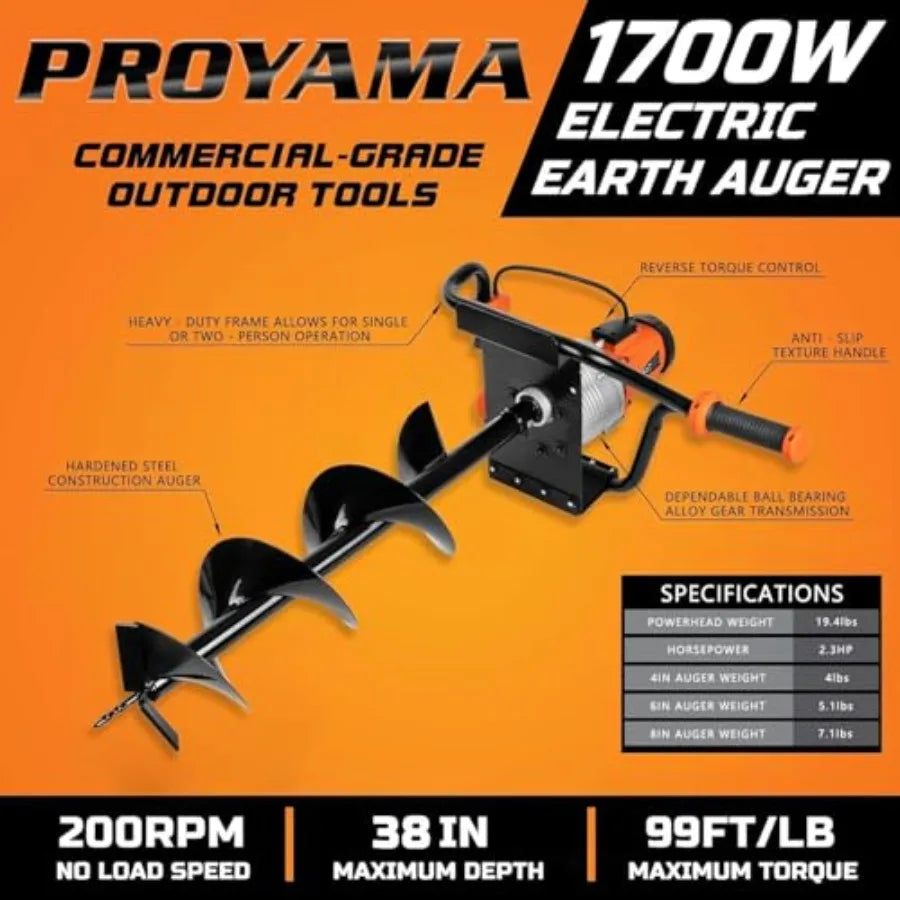 Electric Post Hole Digger 1700W Corded Earth Auger with 4 6 8 Drill Bit 12 Extension Rod Reverse Control 5-Year Warrant