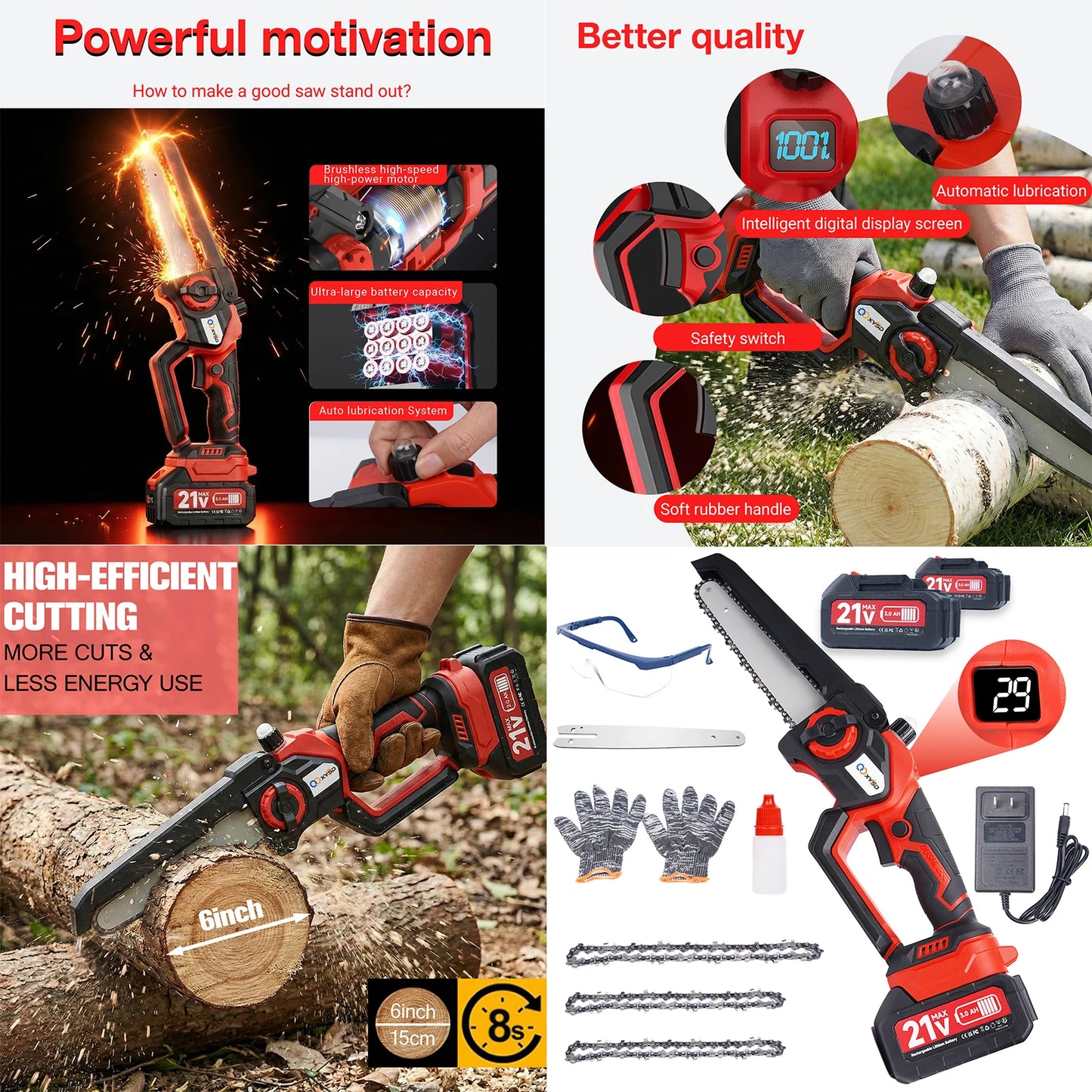 XYSD 8" & 6" Mini Chainsaw Cordless, Portable Handheld Electric Chainsaw with 2x3.0Ah Batteries, for Wood & Tree Cutting