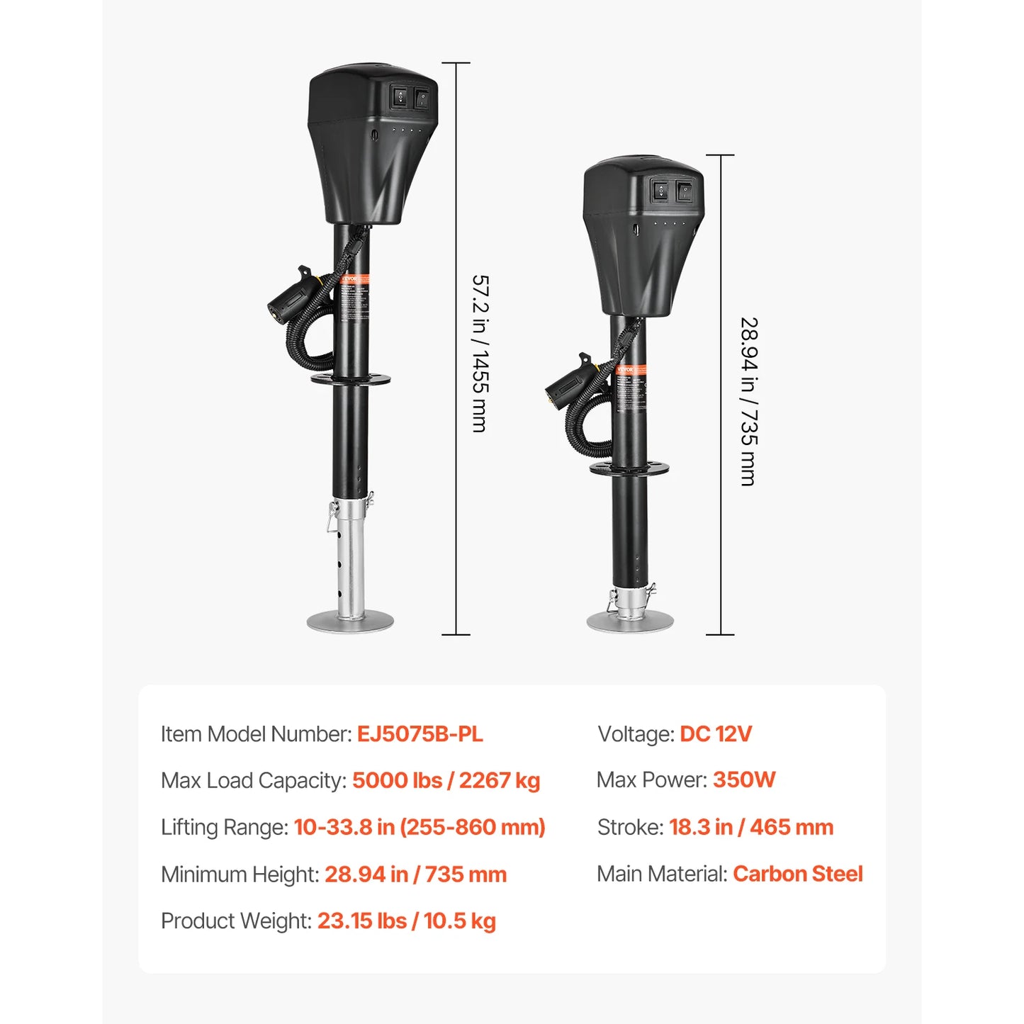 SucceBuy 3500/5000Lbs Electric Trailer Jack RV 12V Tongue Jack with 7-pin Connector & Crank Handle 10"-28.3" Lift for Campers