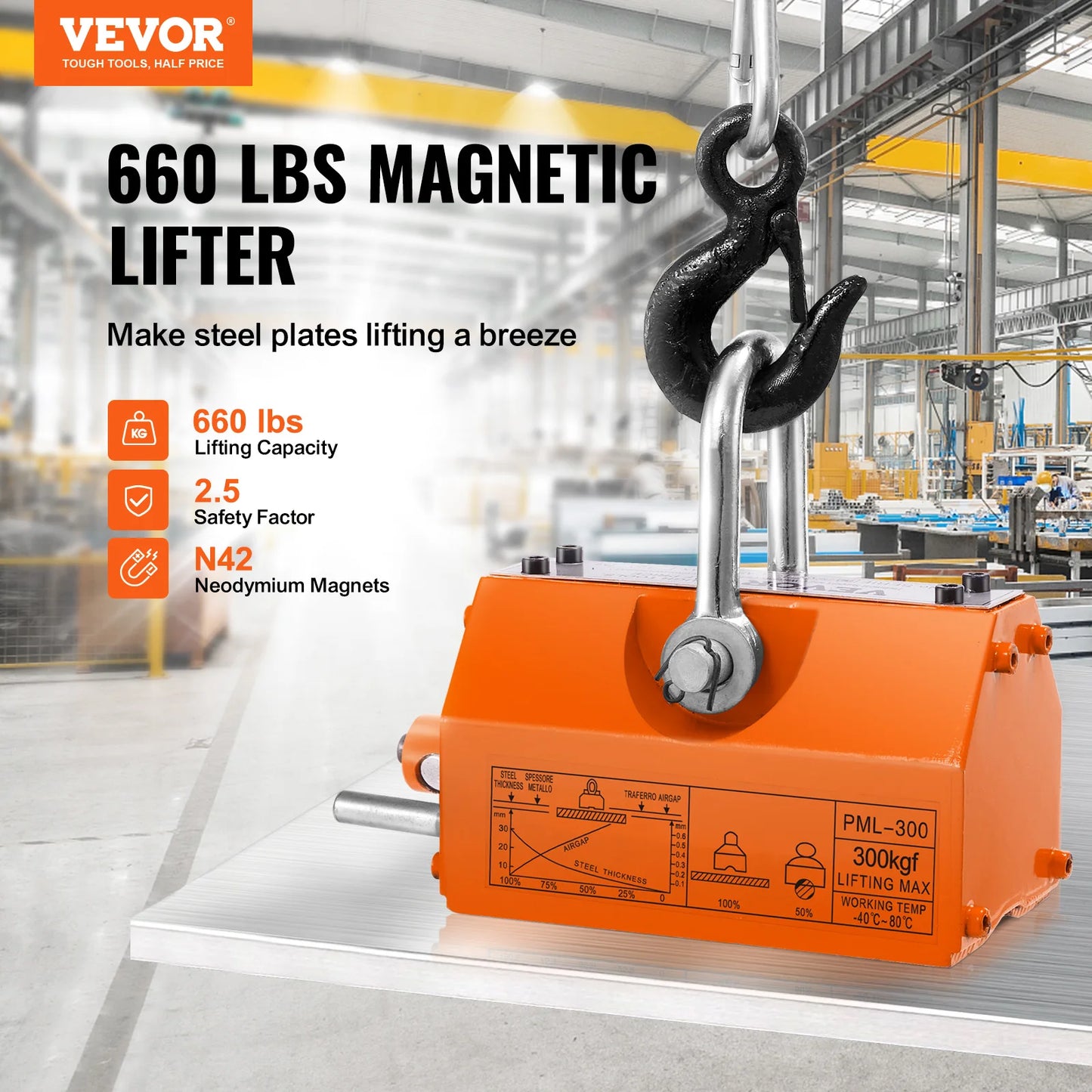 SucceBuy 100KG-2000KG Permanent Magnetic Lifter Pulling Capacity 2.5 Safety Factor Neodymium & Steel Lifting Magnet Lift Magnets