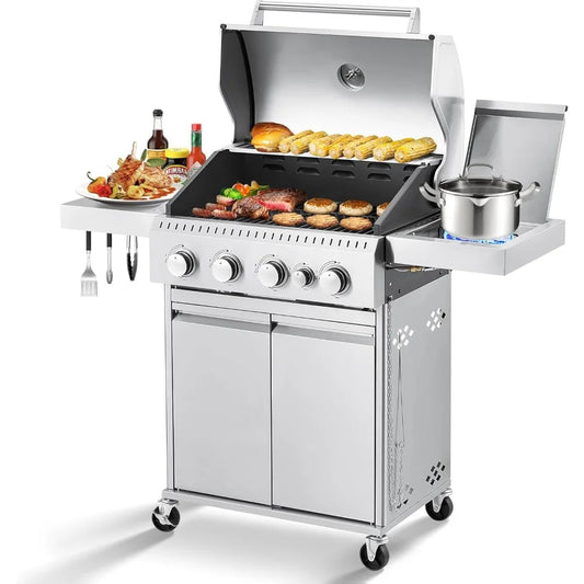 Stainless Steel 4 Burner BBQ Propane Gas Grill with Cast Iron Grates & Side Stove, Stainless Steel 44000 BTU Burner Barbecue Gr