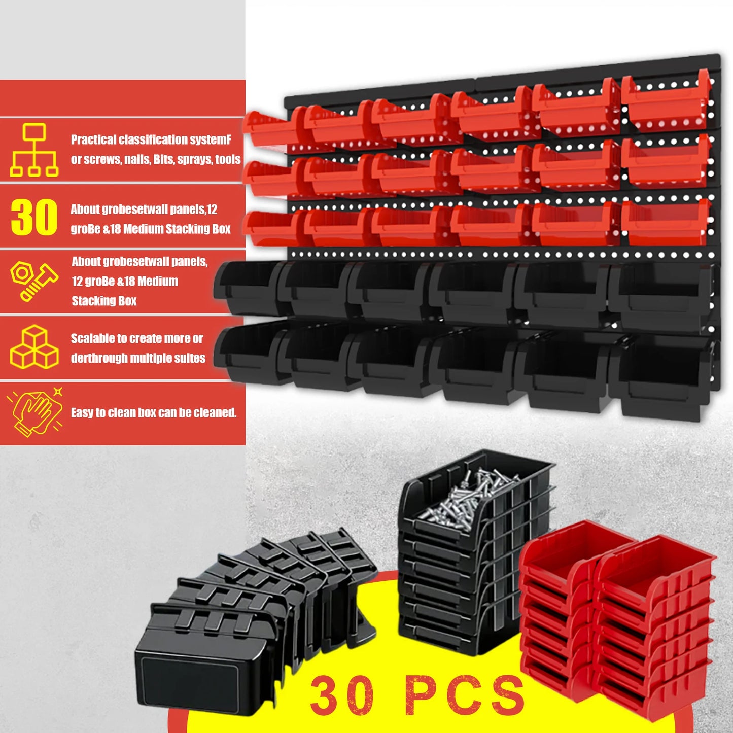 30pcs Wall-Mounted Storage Bins Set Wall-Mounted Storage Rack System Organizer Garage Plastic Shop Tool For Men'S Gift Duty Gara