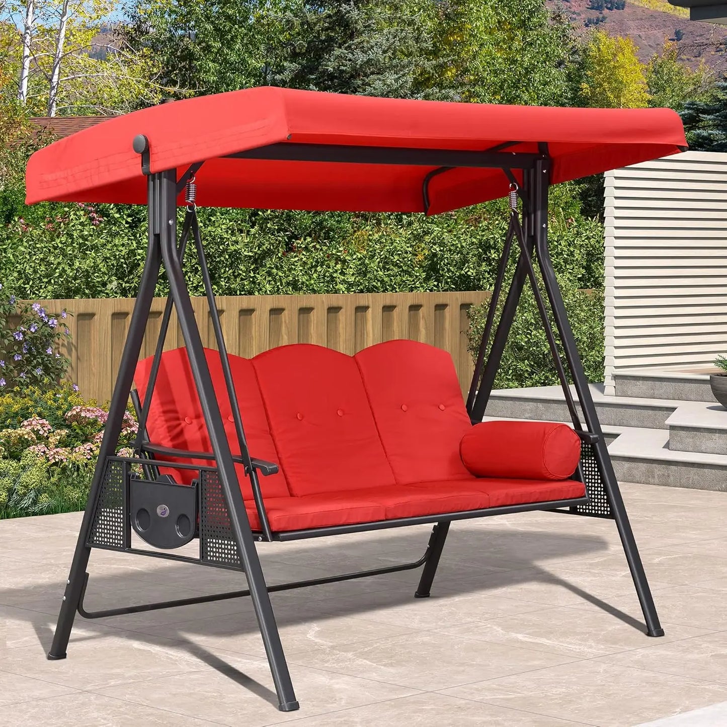 Adjustable Canopy 3-Seat Outdoor Porch Swing Chair Bench with Cup Holder Cushion Pillow for Patio Backyard Lawn, Custom