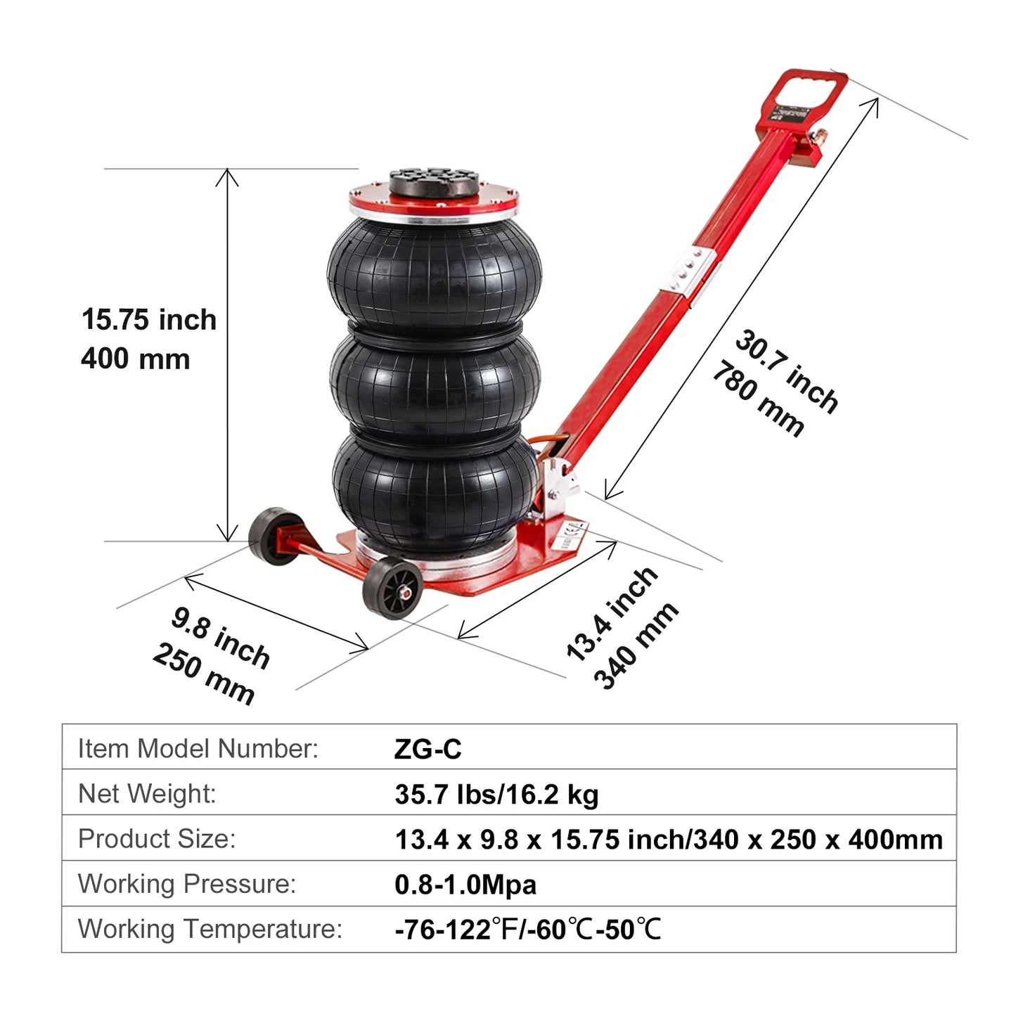 SucceBuy Pneumatic Jack 3 Ton/5 Ton Triple Bag Air Jack Quick Lift Heavy Duty Car Repair Jacks Folding Rod Jacks with Two Wheels