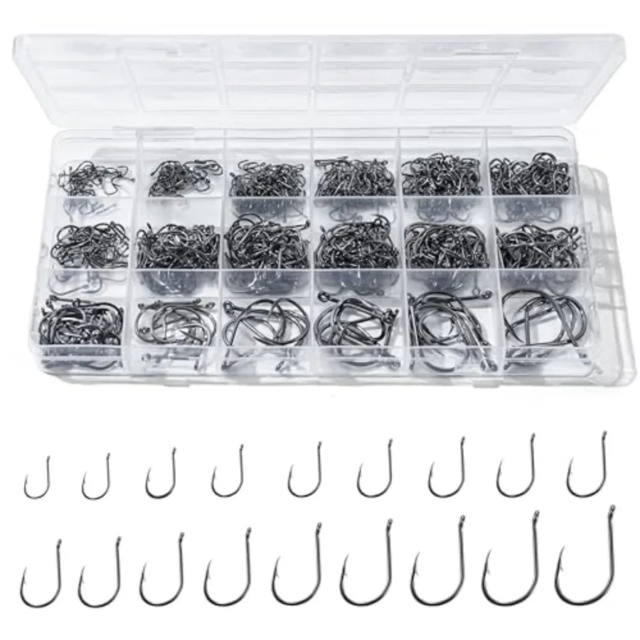 300PCS Fishing Hooks 18 Sizes HighCarbon Steel Barbed Fish Hooks with Holes Fishing Gear with Storage Box Suitable for Fishing