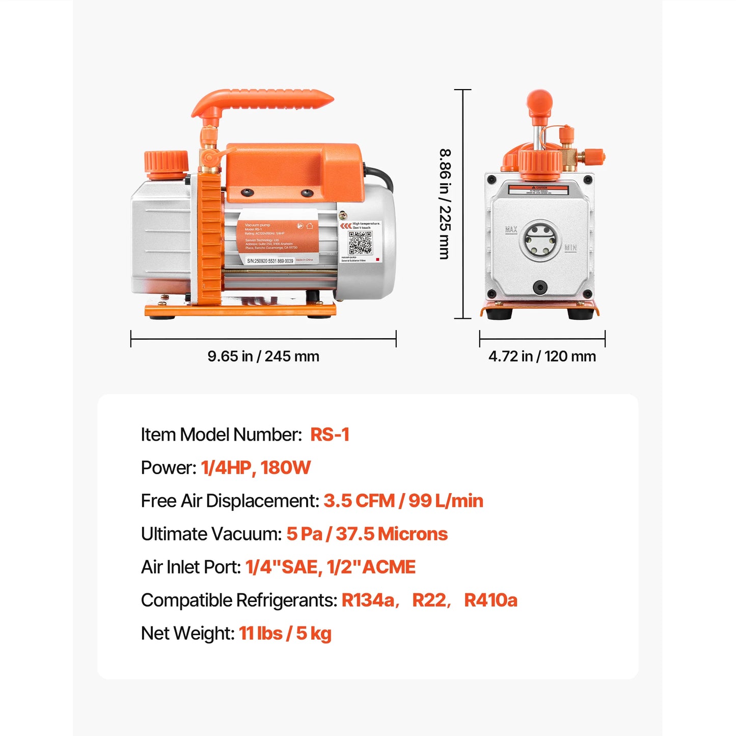 SucceBuy 3.5CFM 180W 1 Stage or 5CFM 375W / 7CFM 550W 2 Stage HVAC Rotary Vane AC Vacuum Pump, for R134a R22 R410a Systems Use