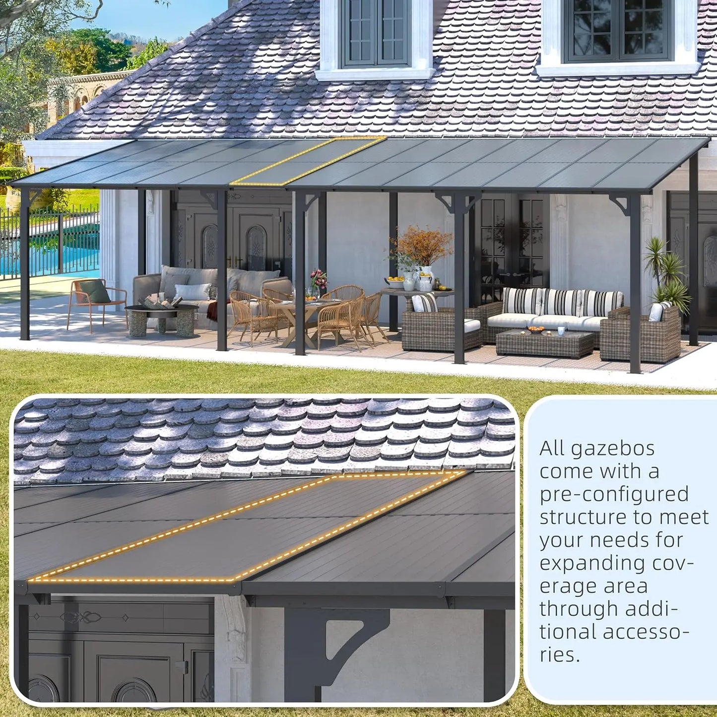 14x10 Hard Top Lean-to Gazebo Pergola with Wall-Mounted Steel Roof 140sqft Shade for Patio Deck Backyard Customized