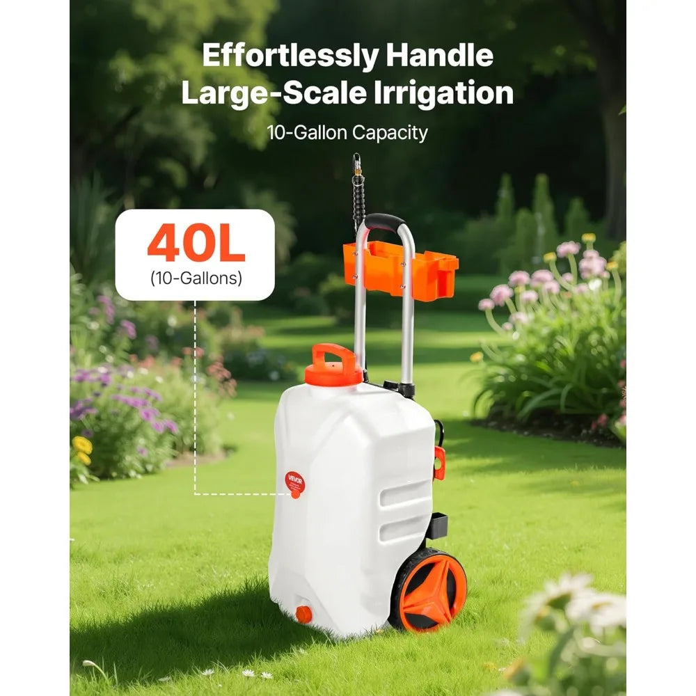 10 Gallon Electric Sprayer with Wheels, Adjustable 0-80 PSI Pressure, 98ft Hose & 5 Nozzles, Battery Powered for Garden Cleaning