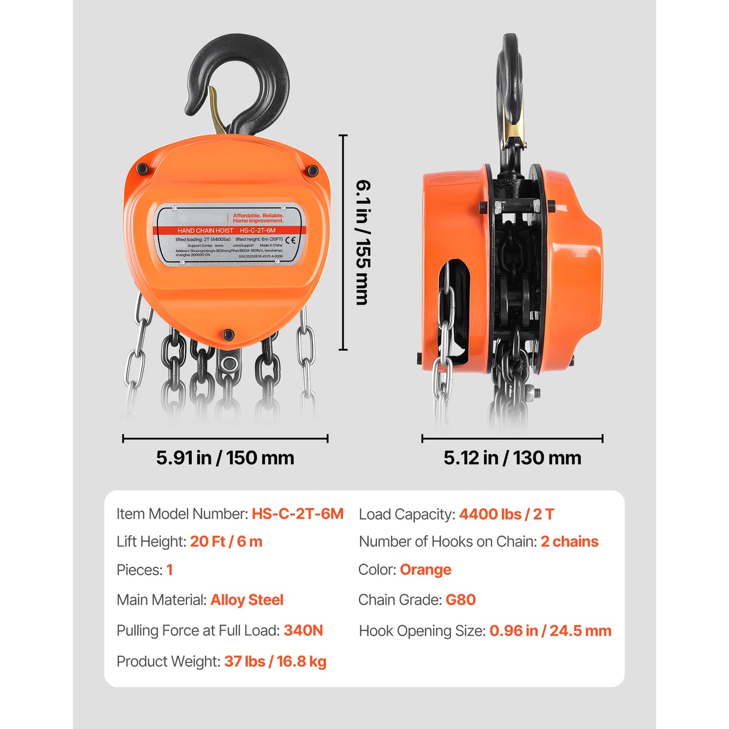 SucceBuy Hand Chain Hoist Manual Chain Block with Upgrade G80 Galvanized Chain 10 ft/20ft Lifting Height Pulley Hoist for Garage