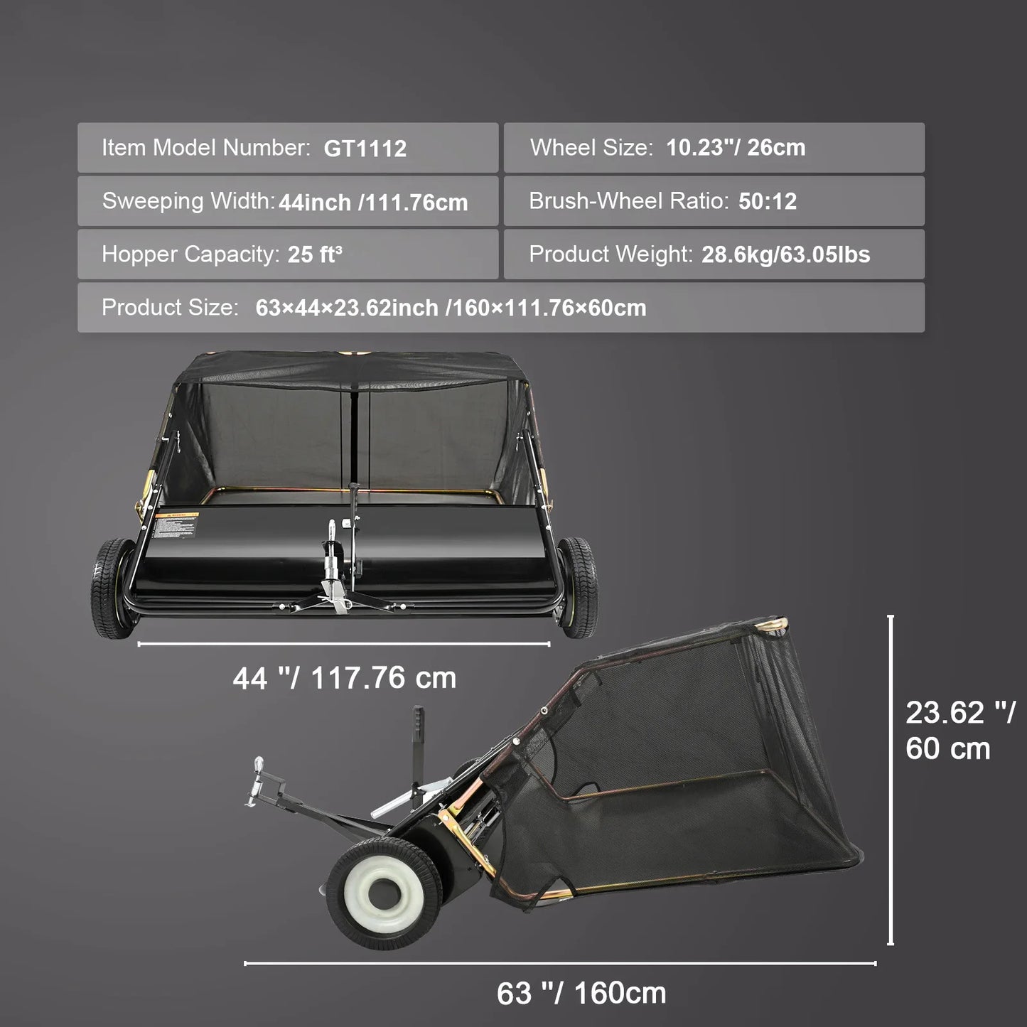 SucceBuy Lawn Sweeper Tow Behind Large Pull Behind Grass Sweeper with Dump Rope Adjustable Sweeping Height for Picking Up Grass