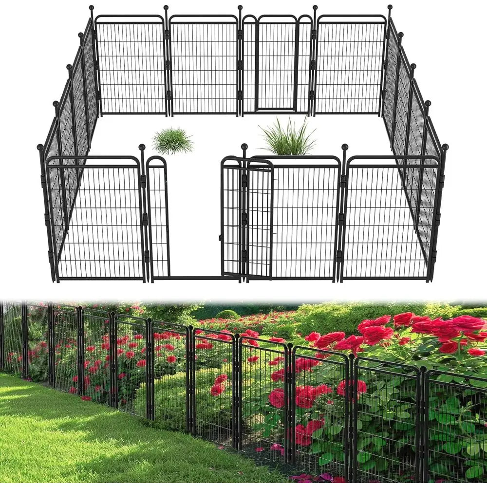 40 Tall Outdoor Garden Fence with 2 Gates, Heavy-Duty Iron, 16 Panels, 34.7ft Long, Anti-Dig, Gravity Lock, Suitable for Dogs, R