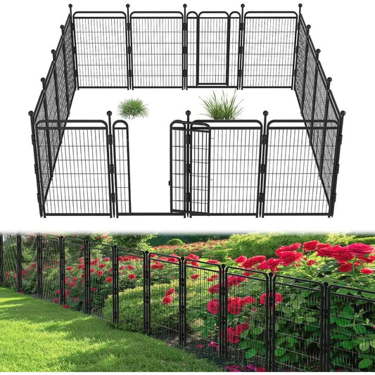 40 Tall Outdoor Garden Fence with 2 Gates, Heavy-Duty Iron, 16 Panels, 34.7ft Long, Anti-Dig, Gravity Lock, Suitable for Dogs, R