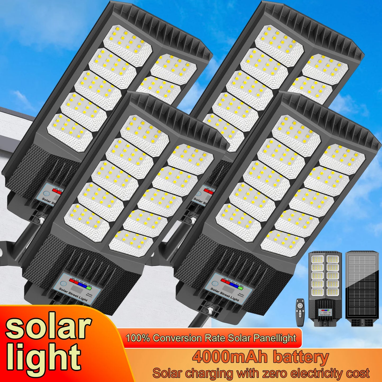 4-Pack Solar LED Street Lights, Motion Sensor & Remote Control, Dusk to Dawn Auto Light Control with 3 Adjustable Brightness Modes, IP65 Waterproof Outdoor Lamp, Ideal for Yard, Patio, Garage, Basketball Court, Walkway, Parki