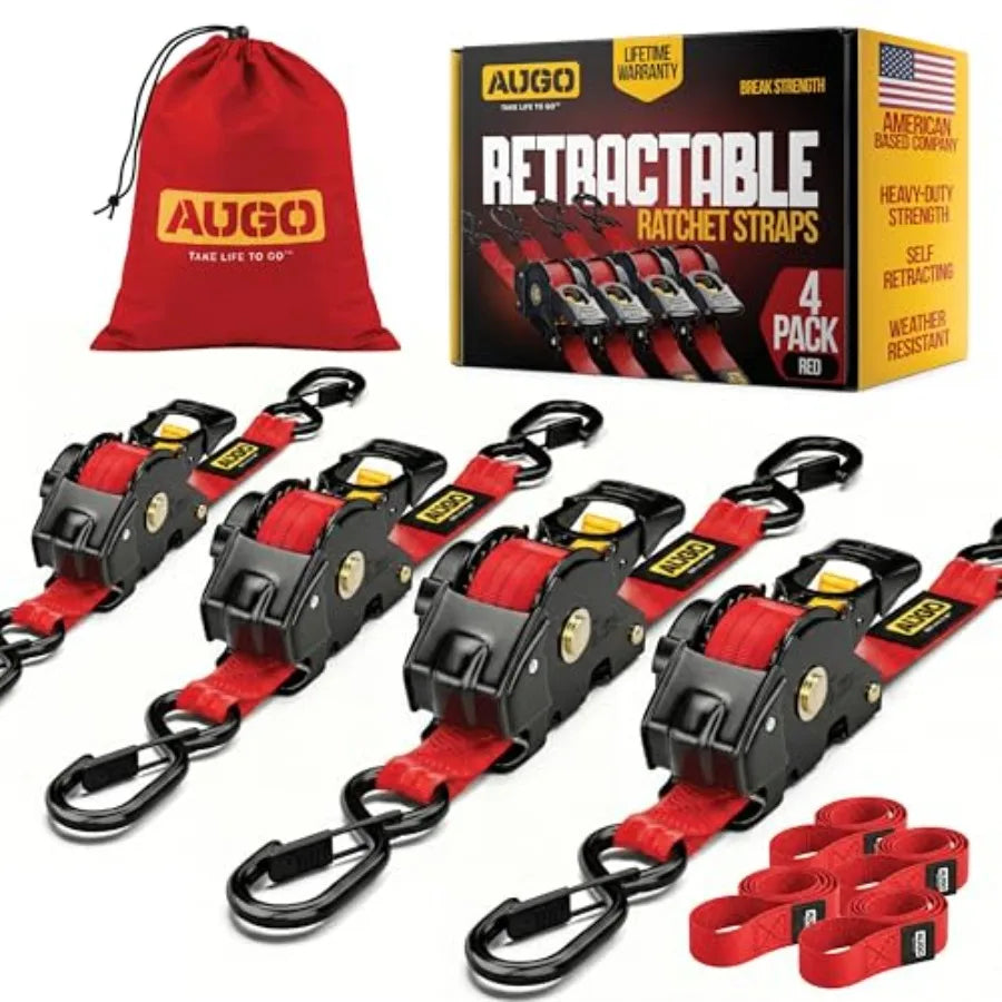 Retractable Ratchet Straps 2 Heavy Duty Ratchet Straps Self Retractable Tie Downs with Soft Loops and Storage Bag for Motorcycl