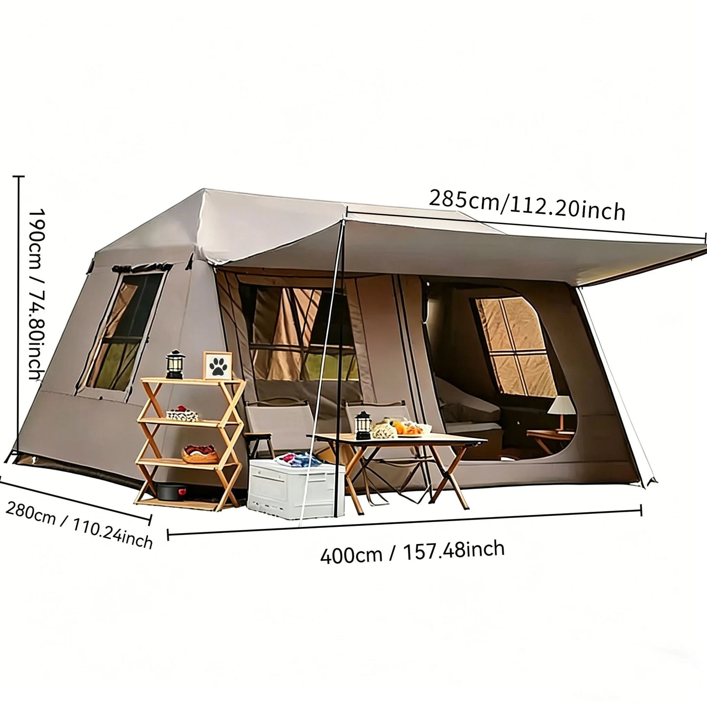 3-Second Fully Automatic Quick-Set Outdoor Camping Tent with Built-in Front Awning; Spacious Interior Ideal for Family Overnight Stays; All-Weather Protection Against Rain, Sun, and Mosquitoes; Well-Ventilated; Suitable for A