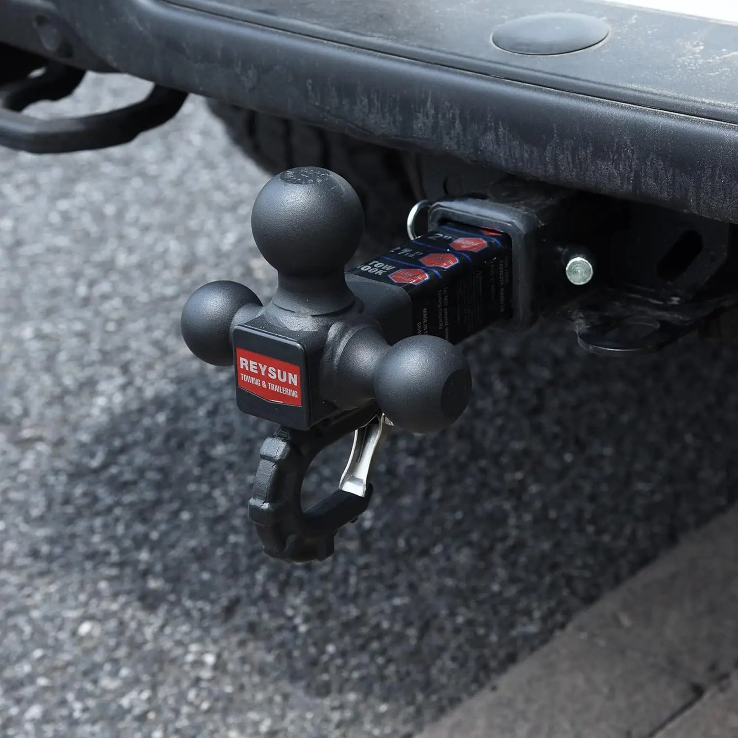 Tri-Ball Trailer Hitch with Hook: 3 Sizes in 1 Tow Ball, Fits 2-Inch Receiver, Self-Locking, 10,000 lbs Capacity, Matt Black
