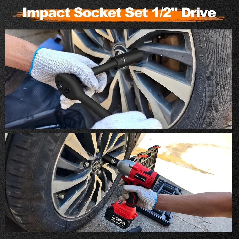 SAE Impact Socket Set - 1/2' Drive, 19pc Deep Socket Set 3/8' to 1-1/2', Cr-V Steel, Double Lock Case