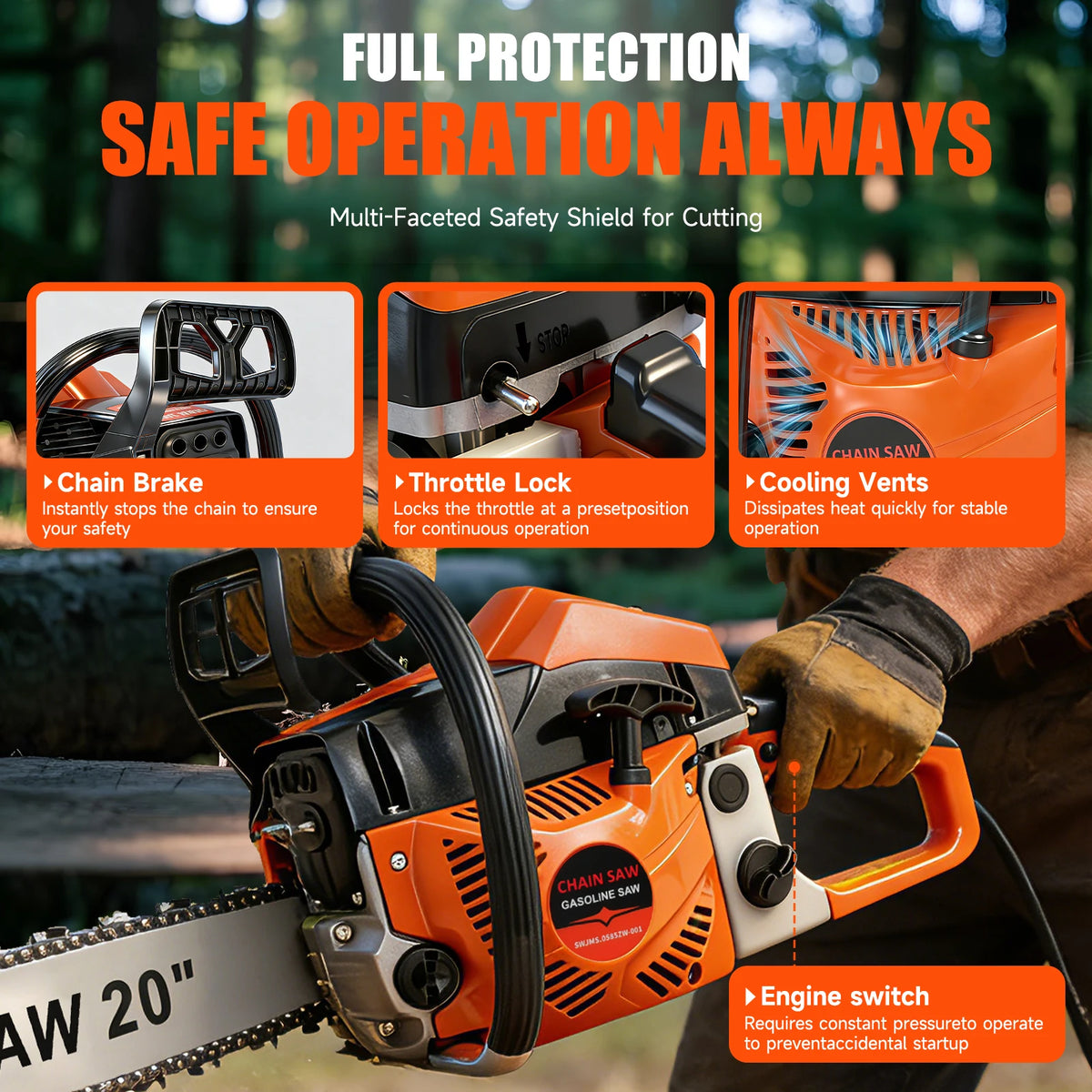62CC 20-Inch Cordless Gasoline Chainsaw 8500rpm 2-Stroke 3.4hp Hand-Held for Farm/Garden/Ranch/Heavy-Duty Wood Cutting
