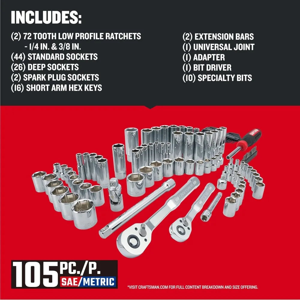 Mechanics Tool Set 105 Pcs, Standard (SAE) and Metric with Case , 1/4 and 3/8 Inch Drive Car Tool Kit( CMMT12123)