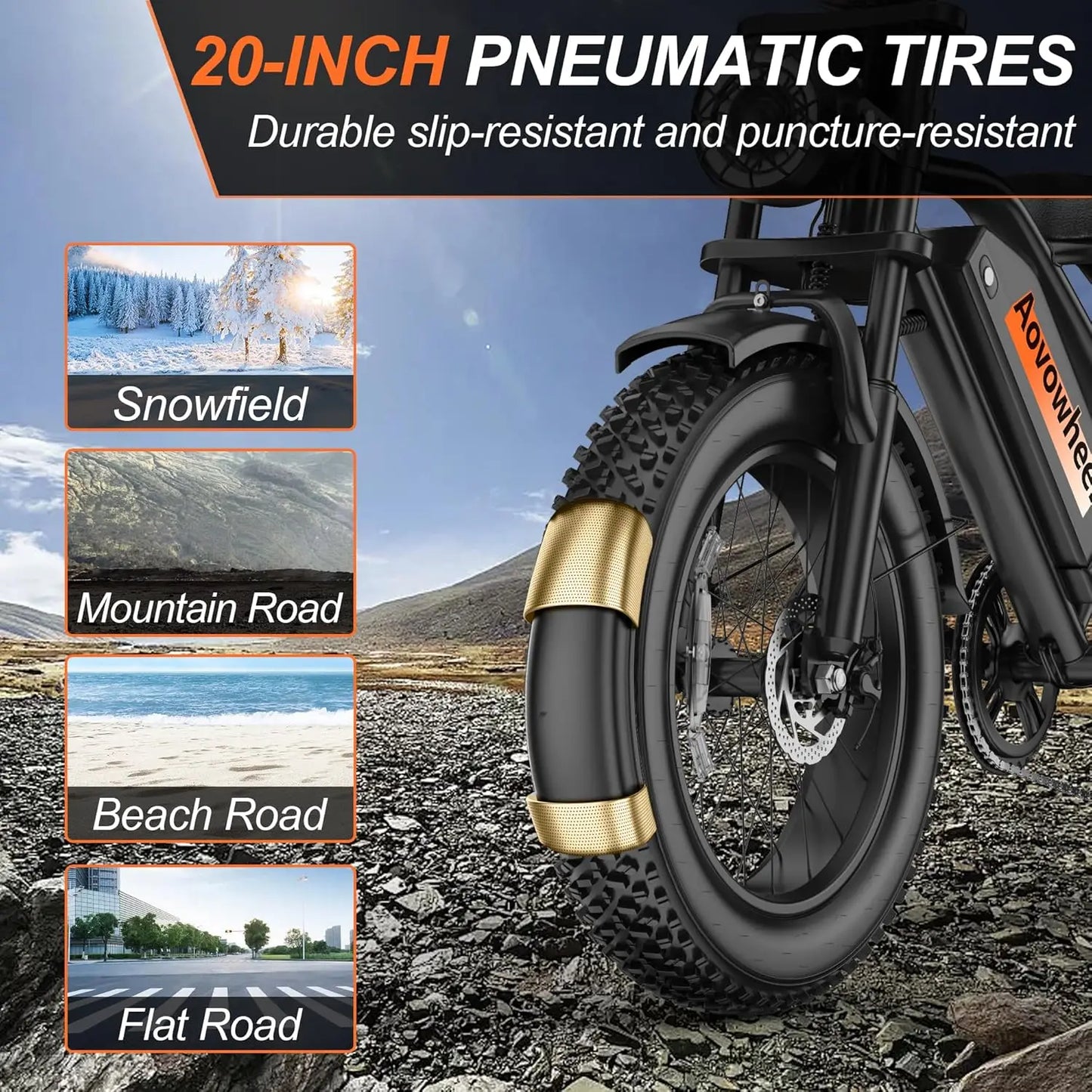 AOVOWHEEL AW2PROElectric Bike 1500W 20" Fat Tire 31mph Top Speed 70 Miles Range for Road Sand Mountain Snow Electric Motorcycle