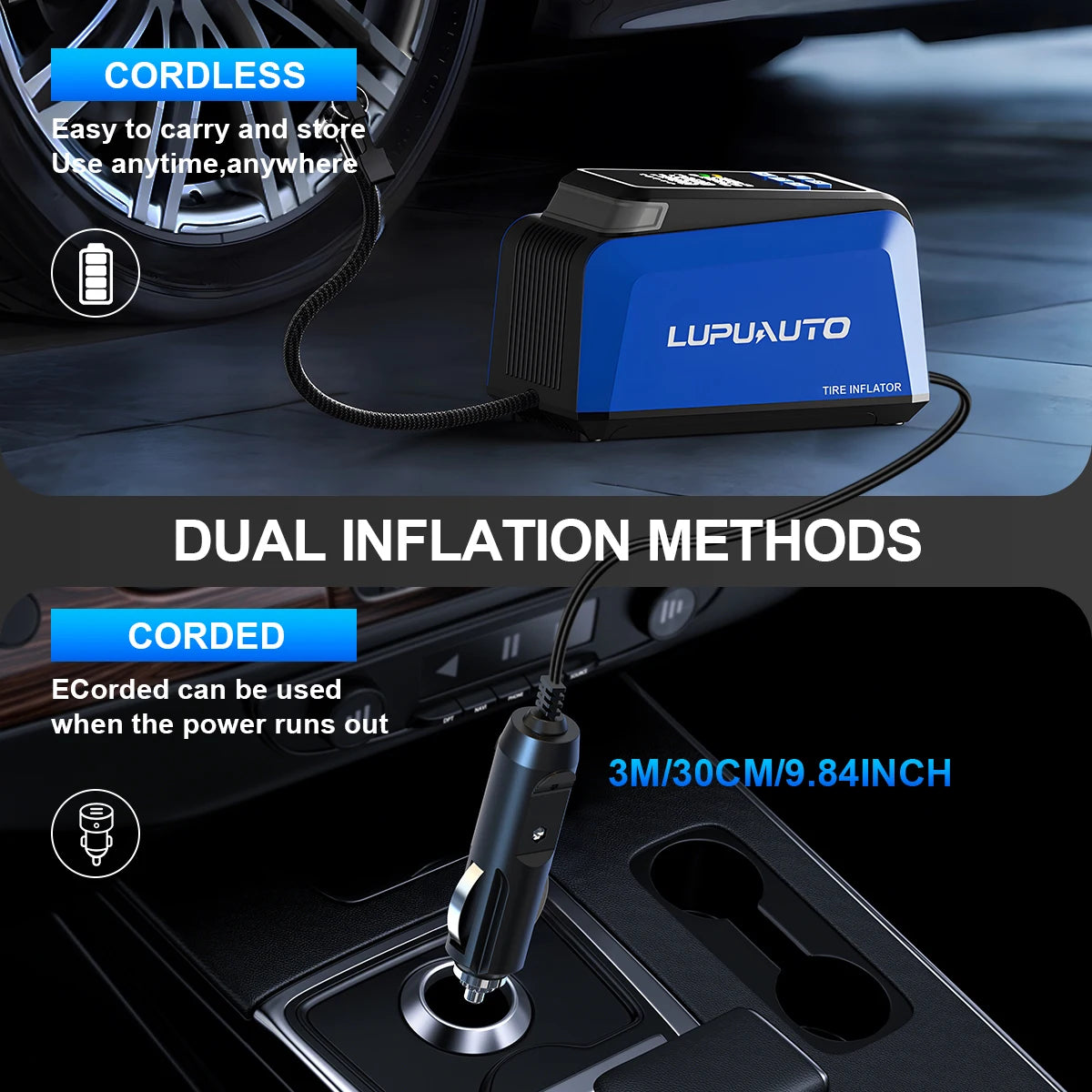 Portable Car Air Pump Wireless Tire Inflator Electric Air Compressor with LCD Digital Display for Car Motorcycles Bicycle Ball
