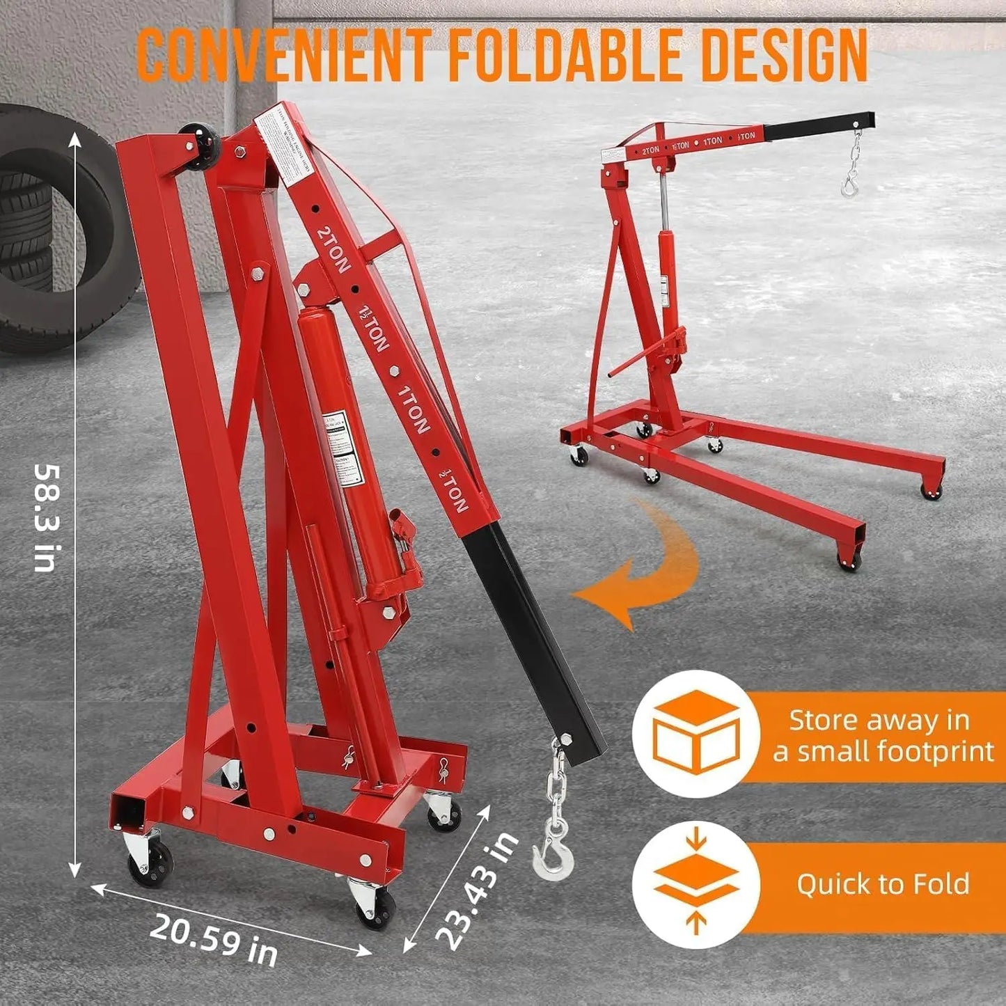 Cherry Picker Engine Hoist, Folding Engine Crane, 2 Ton 4400lb Engine Hoist Lift, Heavy Duty Hydraulic Engine Shop Crane with 6